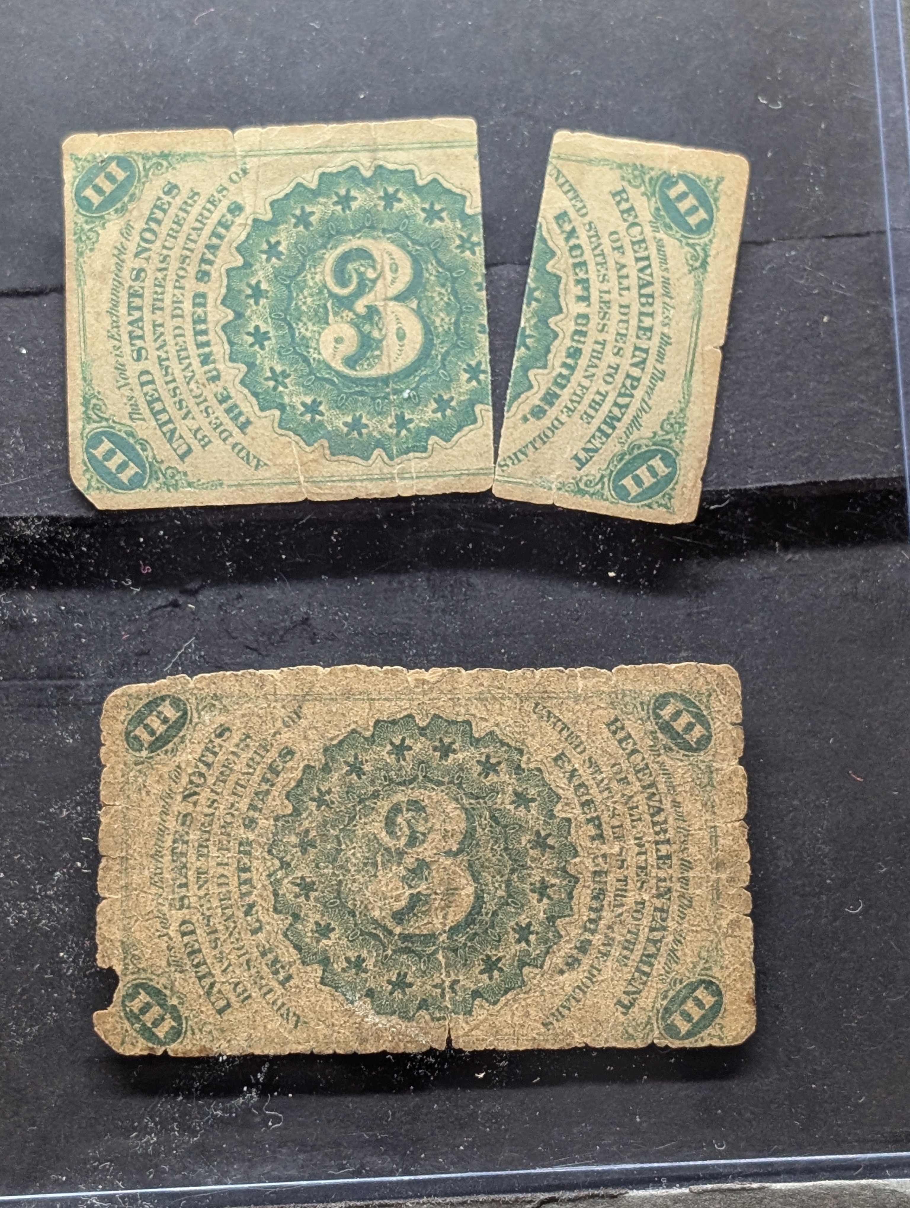 (2) 3-Cent Fractional Currency Notes (top note has a split)