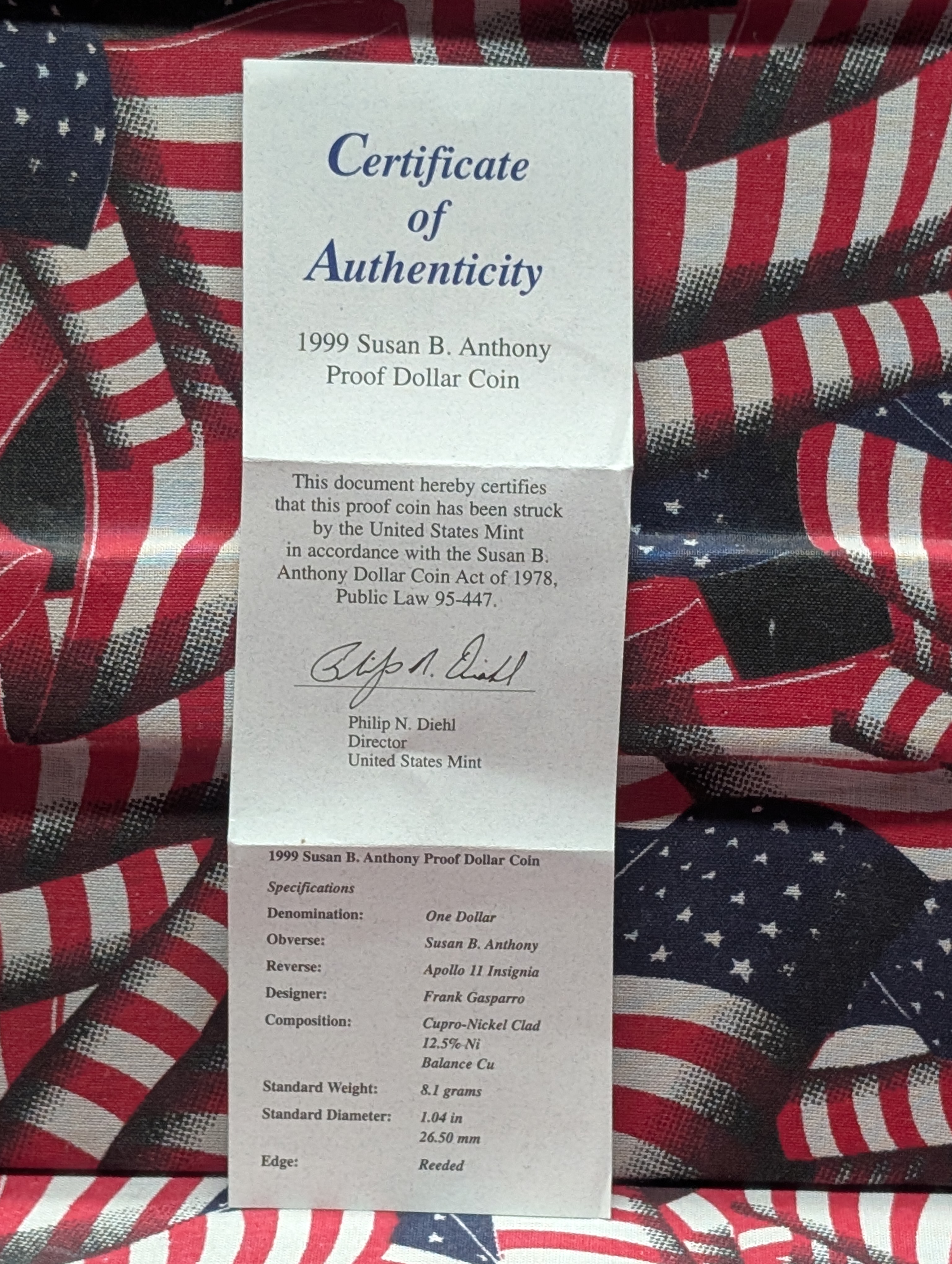 1999 PROOF Susan B. Anthony Dollar - Includes COA & Case