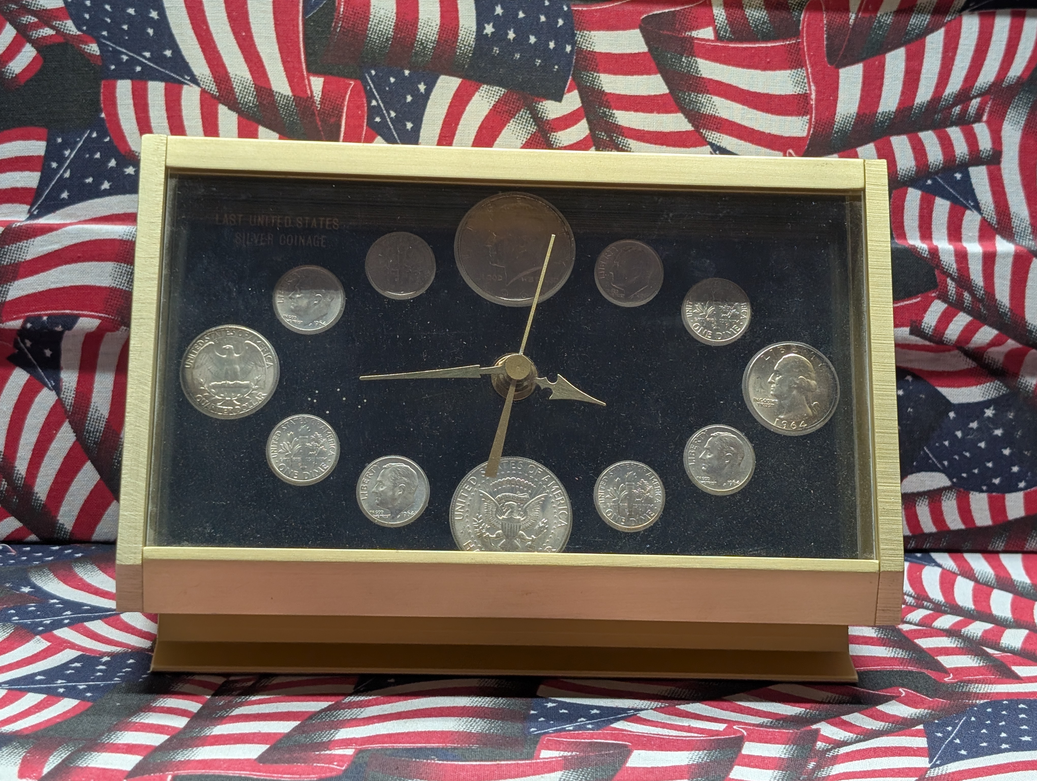 Vintage 60s Numismatic Coin Clock By Marion Kay W/ (2) 90% Silver Half-Dollars, (2) 90% Silver Quarters, (8) 90% Silver Dimes - Clock Works