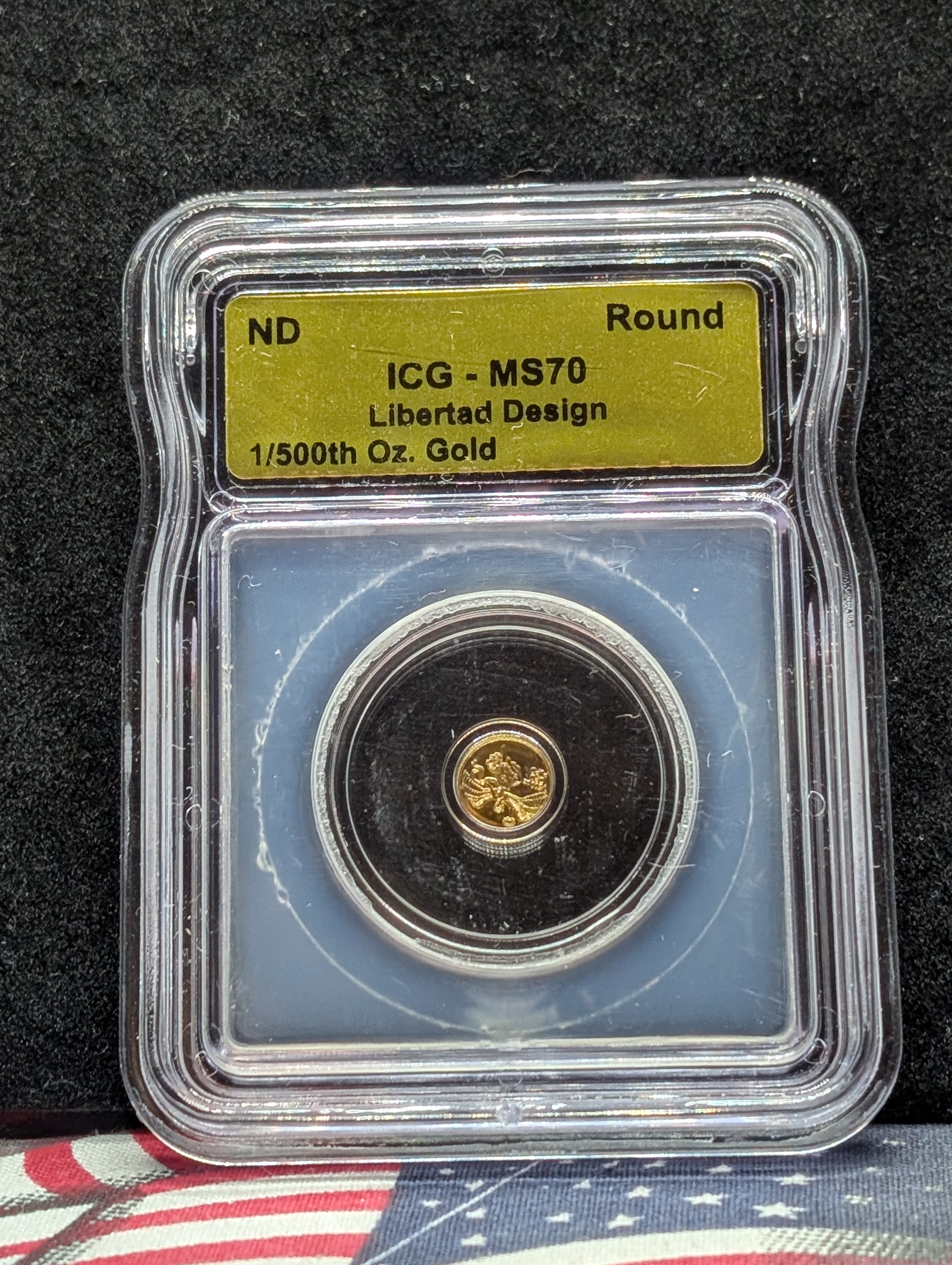 Pure GOLD Libertad Design Coin - 1/500 th oz. GOLD - ICG MS70 - (Penny shown for size comparison)