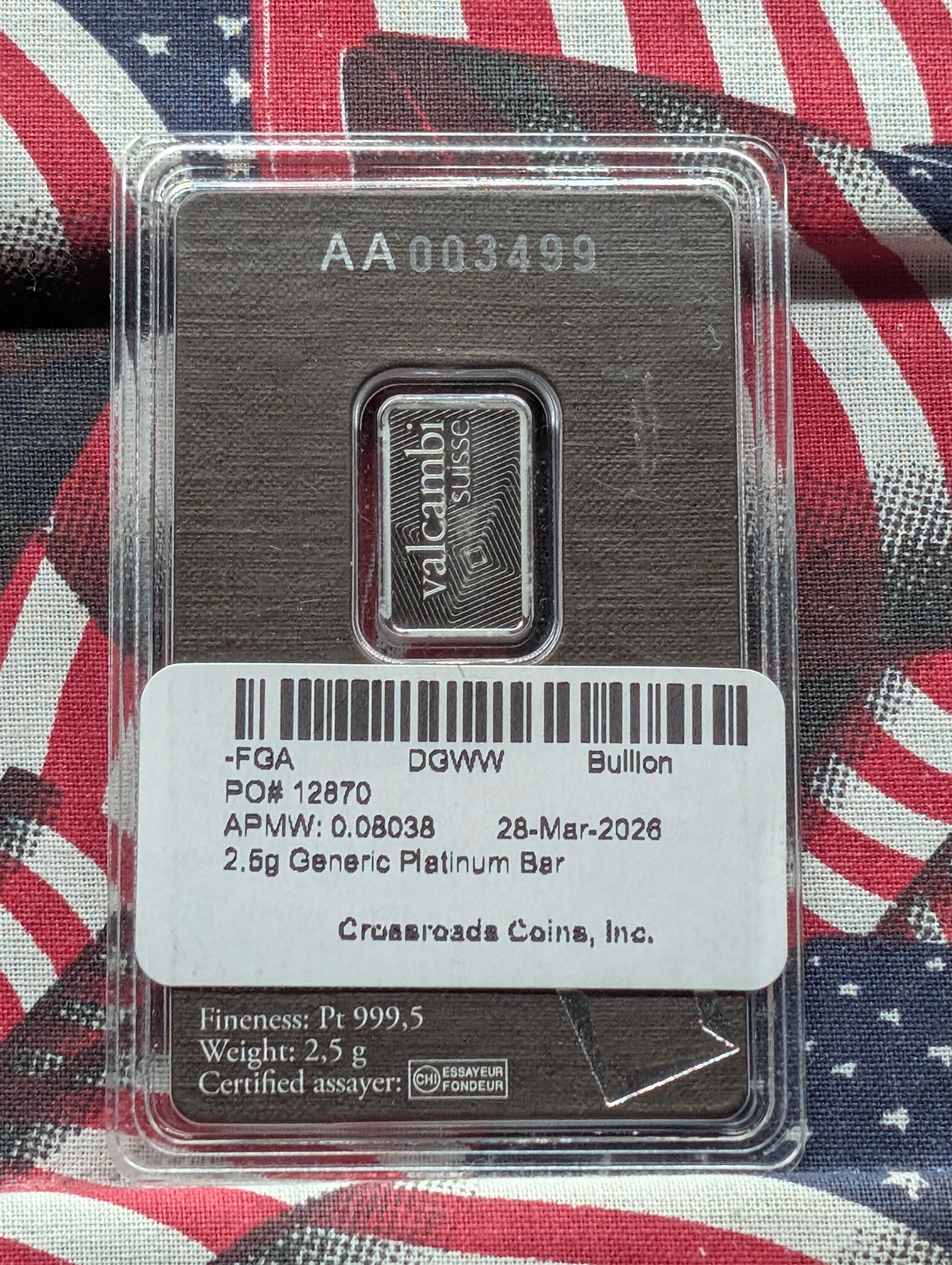 2.5g Platinum Bar - Sealed in Valcambi Assay Card