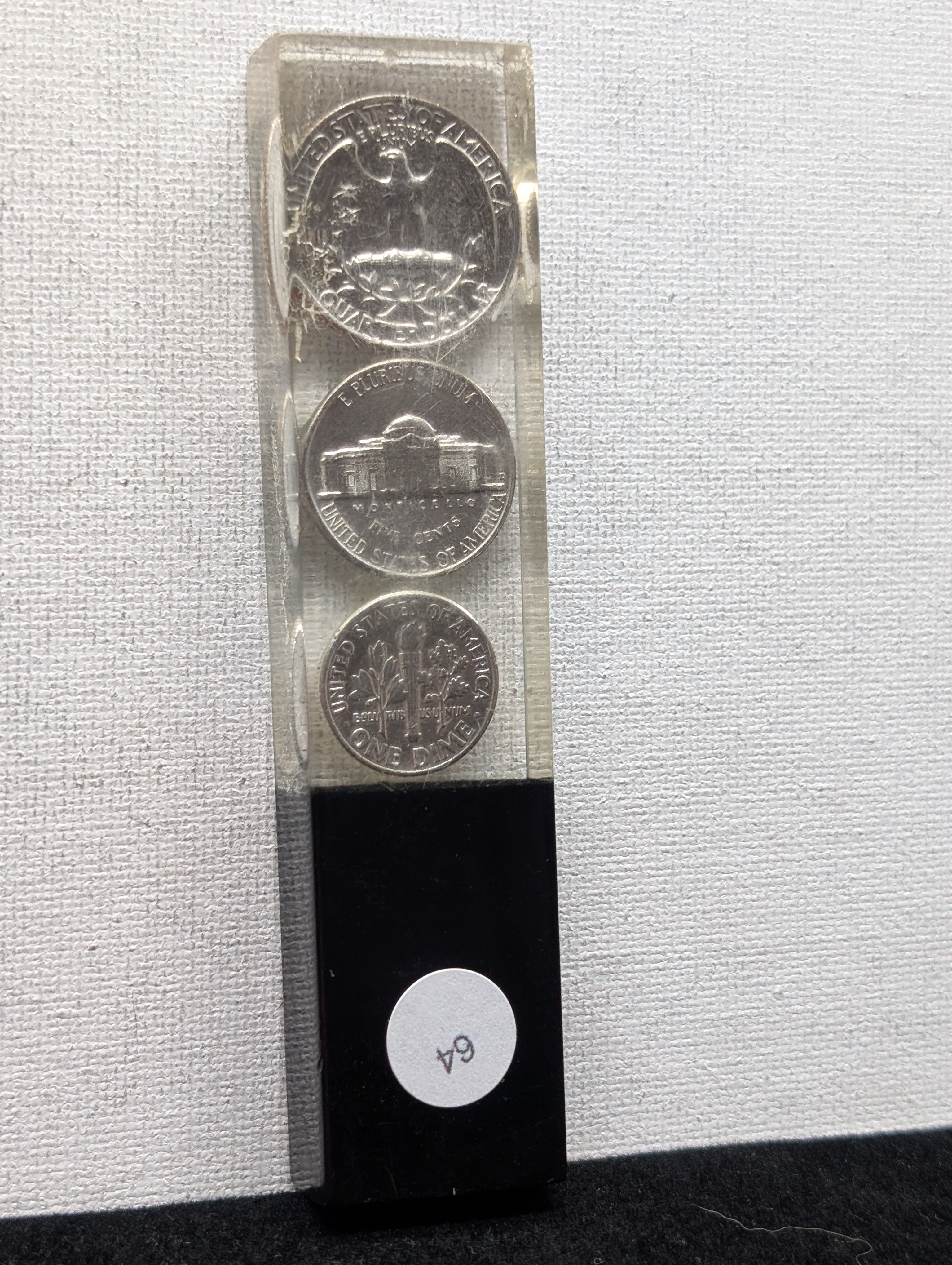Vintage 3-Coin Presentation Desk Ornament W/ 1962 90% Silver Roosevelt Dime