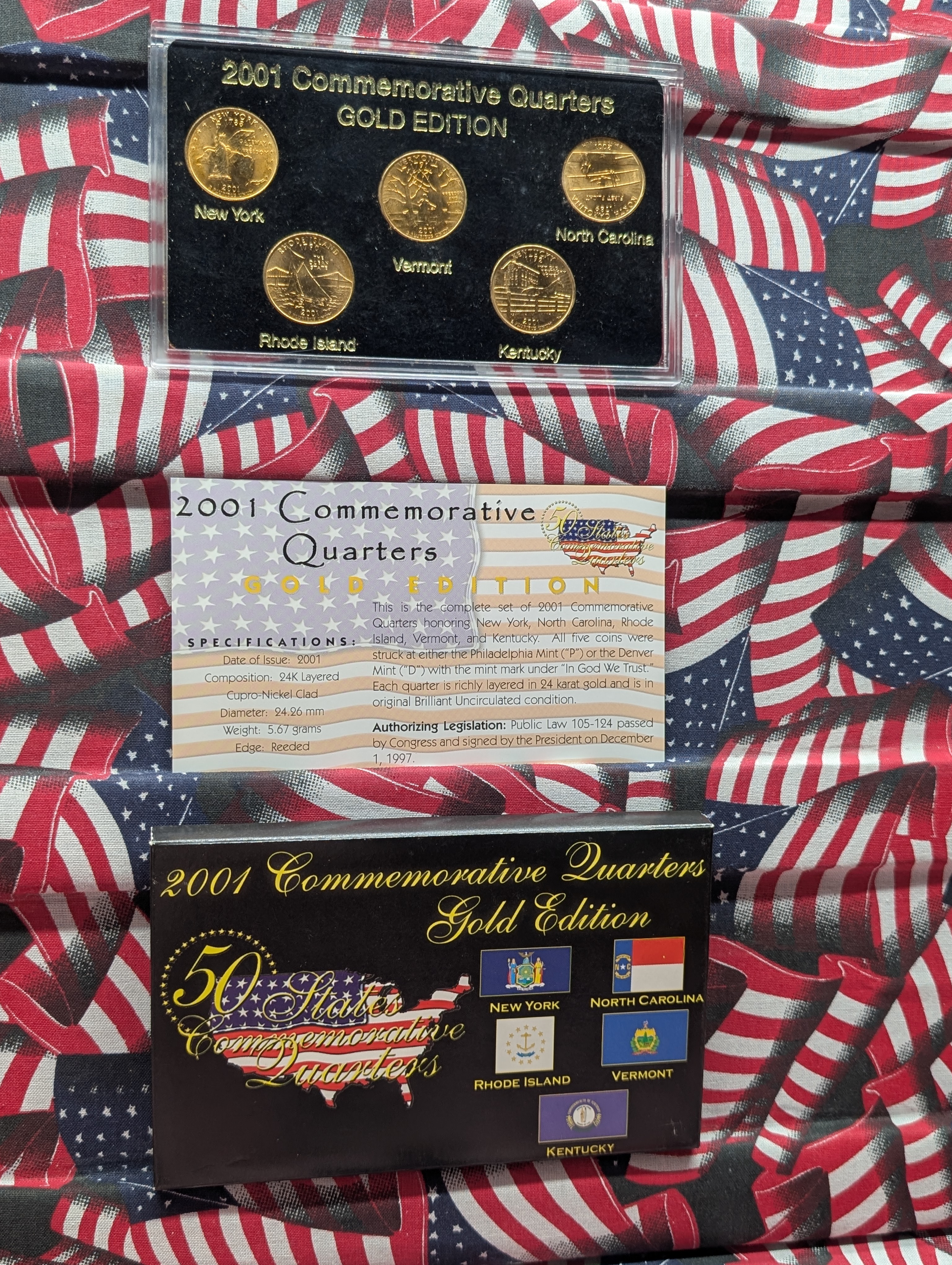 2001 Commemorative Quarters Gold Edition 5-Coin Set - Includes; New York, Vermont, North Carolina, Rhode Island and Kentucky