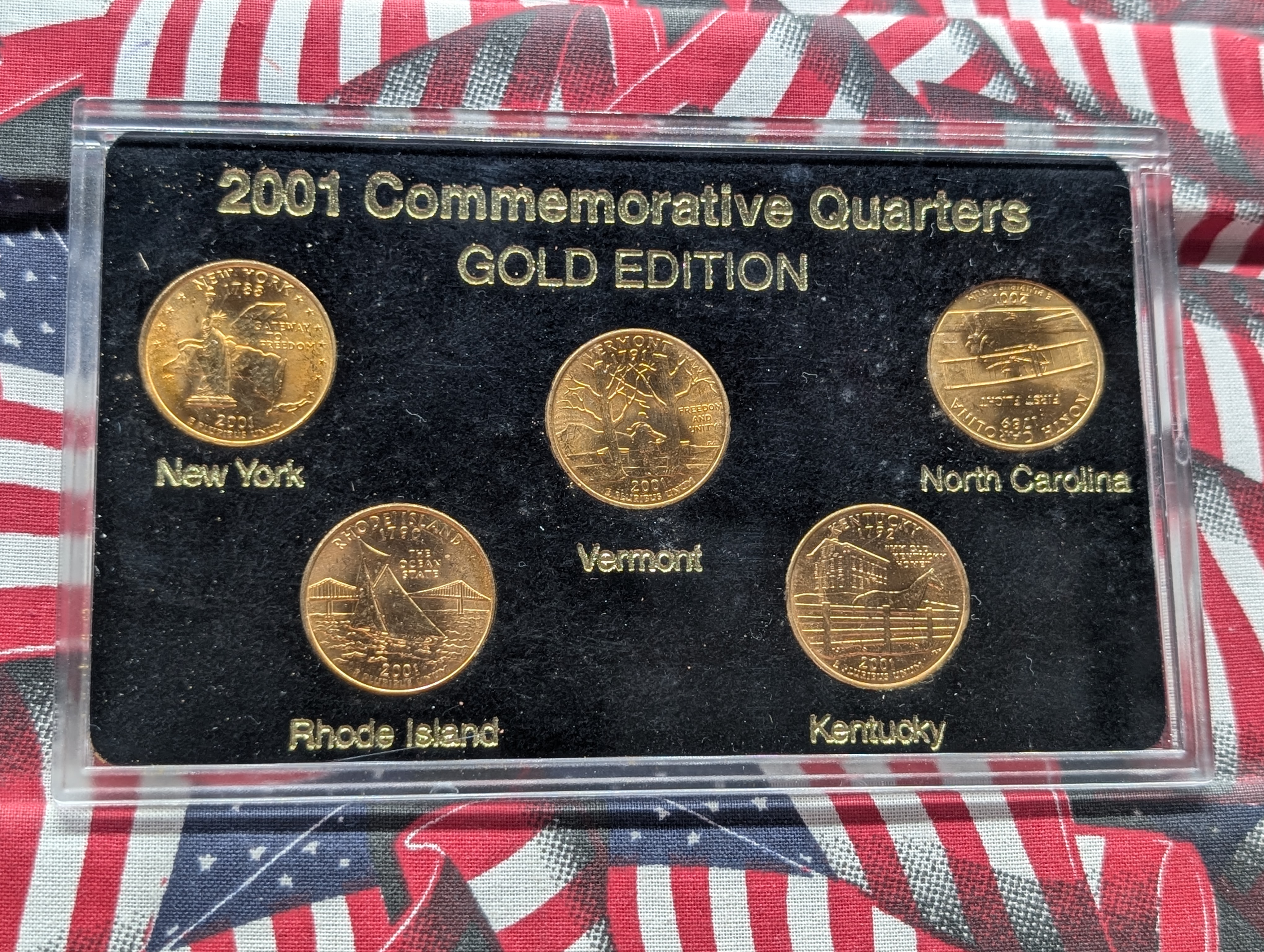 2001 Commemorative Quarters Gold Edition 5-Coin Set - Includes; New York, Vermont, North Carolina, Rhode Island and Kentucky