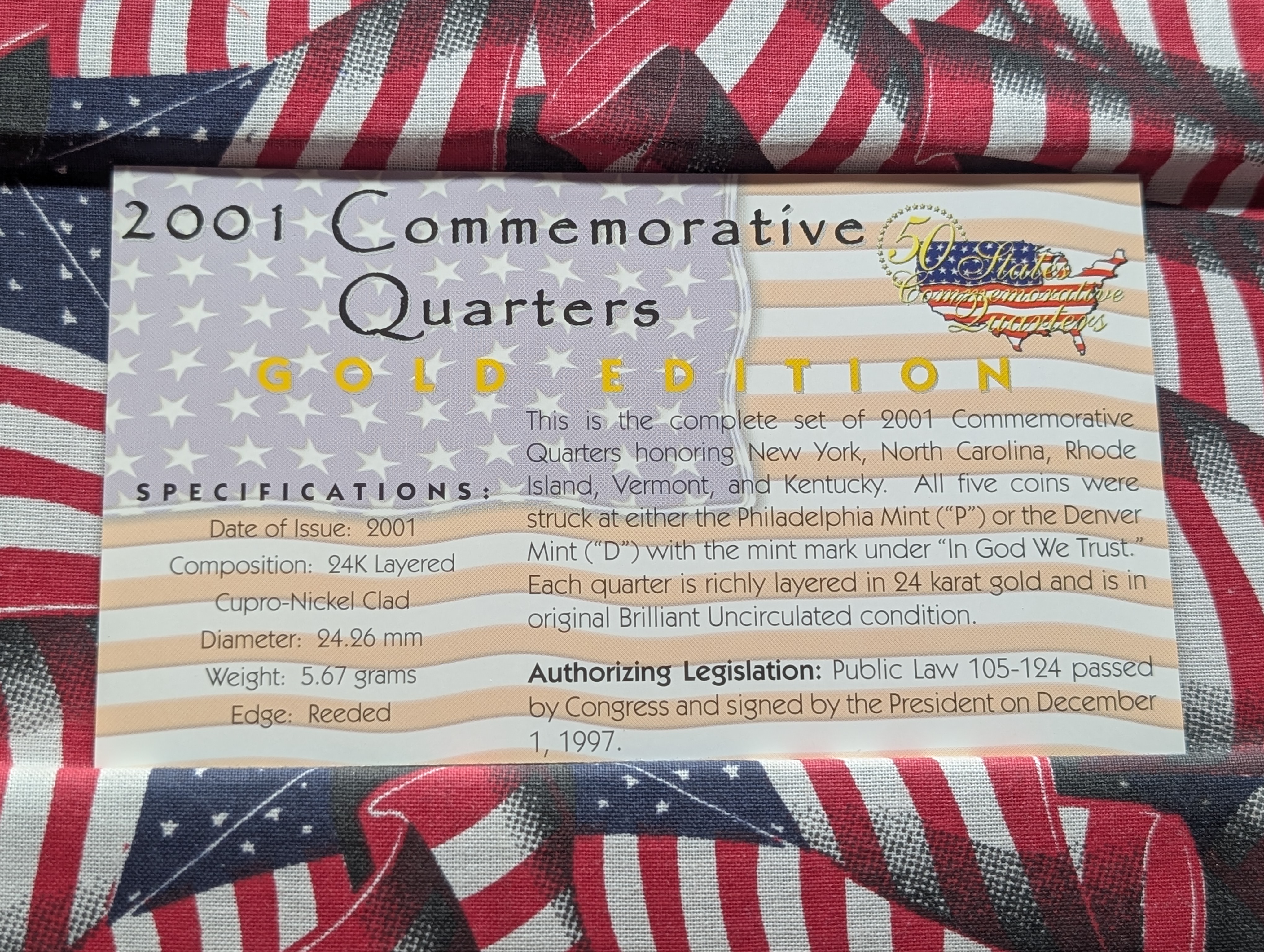 2001 Commemorative Quarters Gold Edition 5-Coin Set - Includes; New York, Vermont, North Carolina, Rhode Island and Kentucky