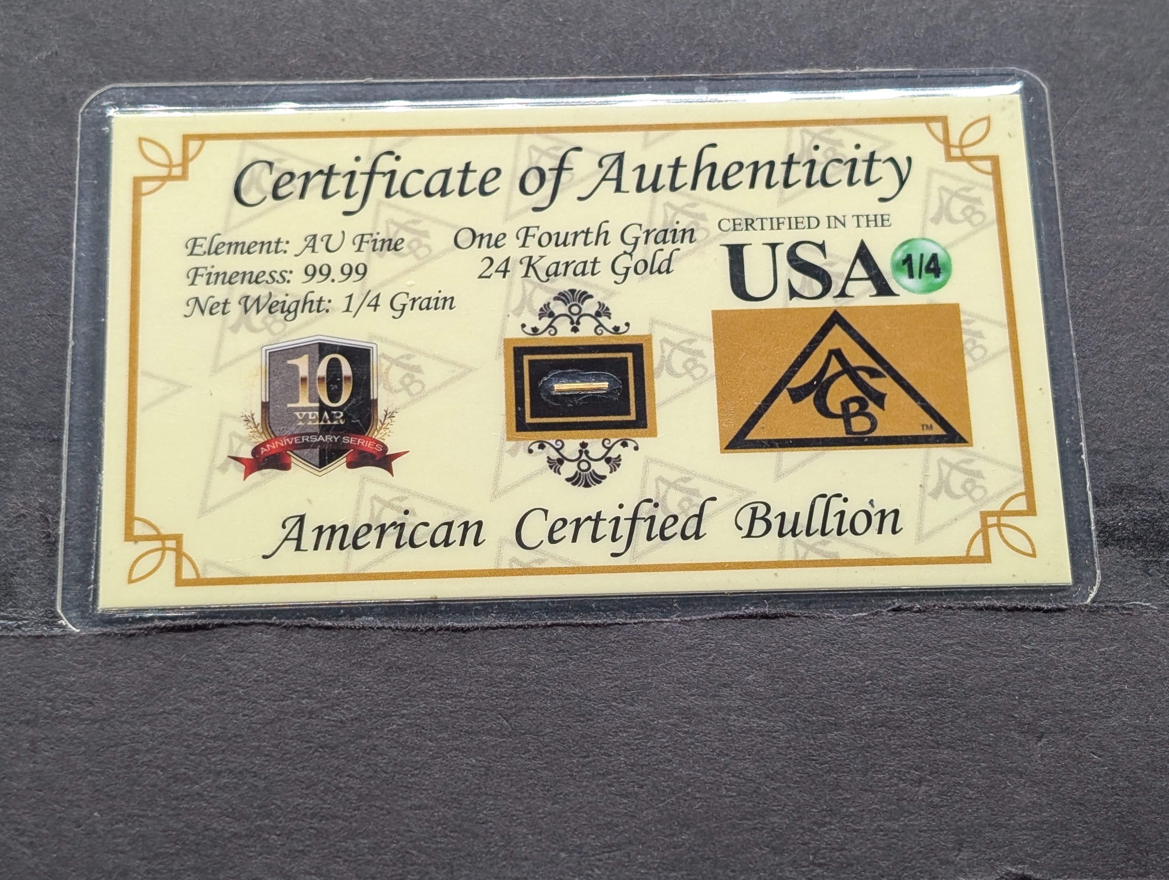 Genuine .9999 1/4th Grain 24kt Gold Bar - In Assay Card