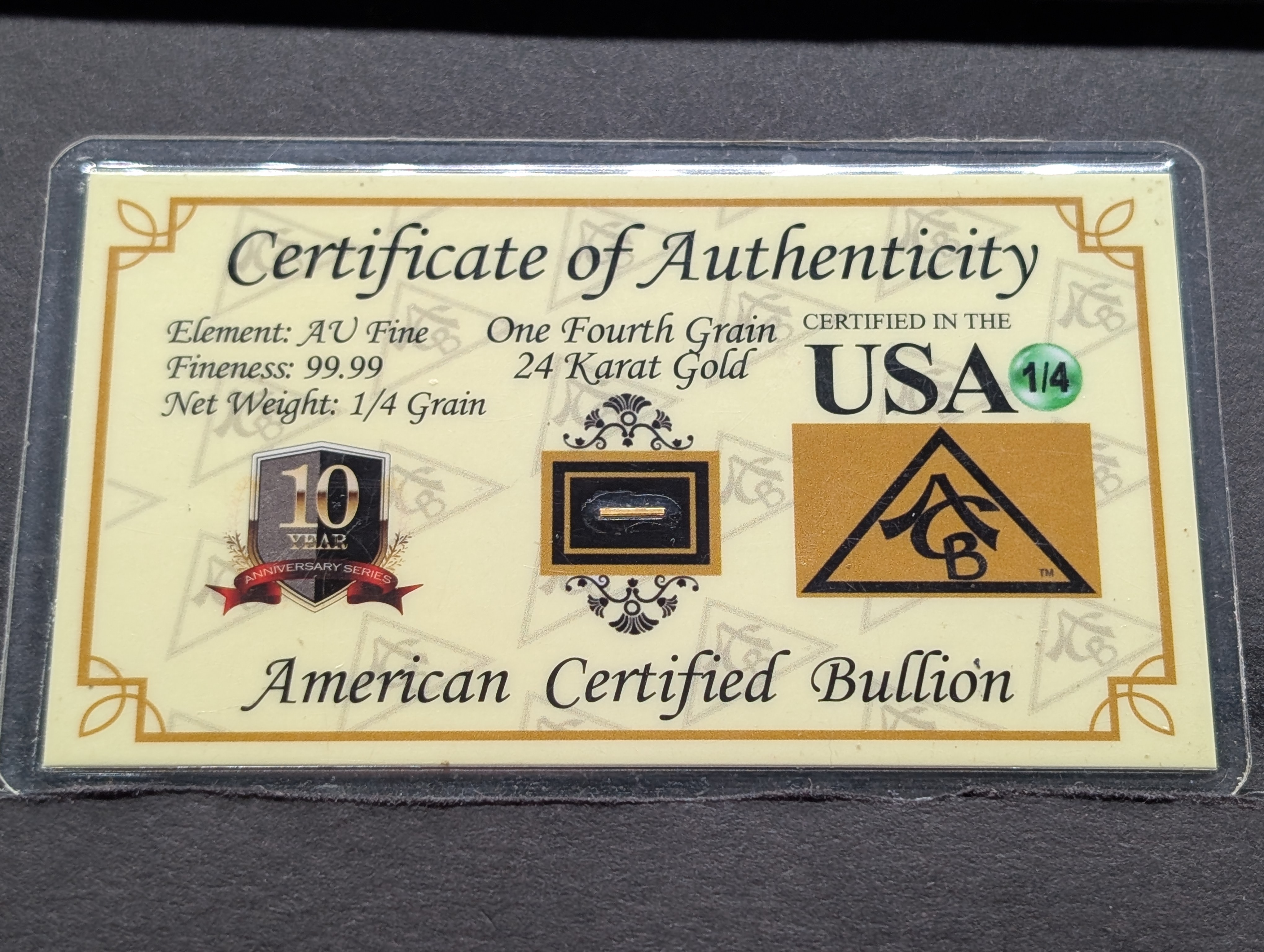 Genuine .9999 1/4th Grain 24kt Gold Bar - In Assay Card