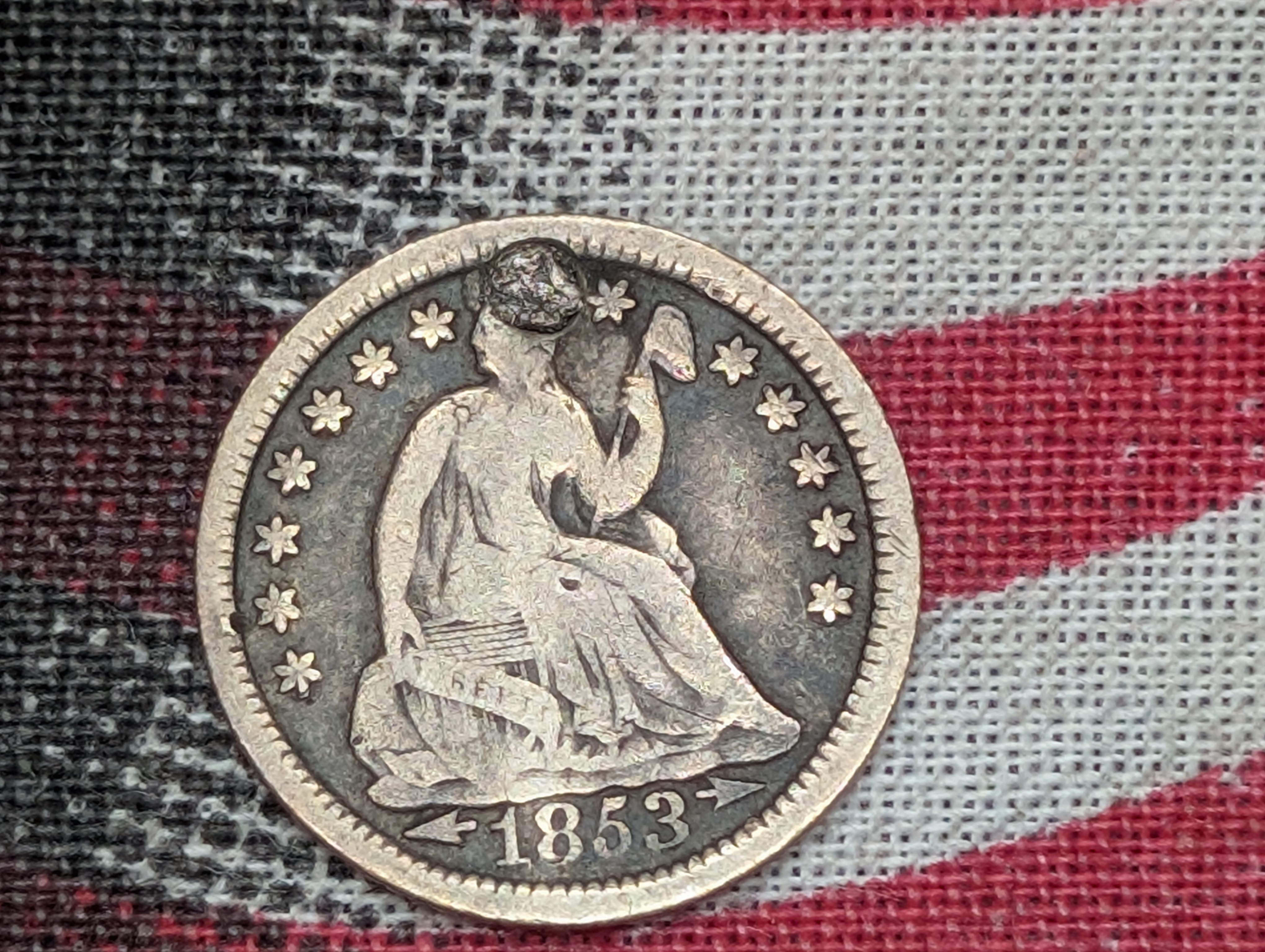 1853 Seated Liberty Half-Dime - (Penny shown for size comparison)