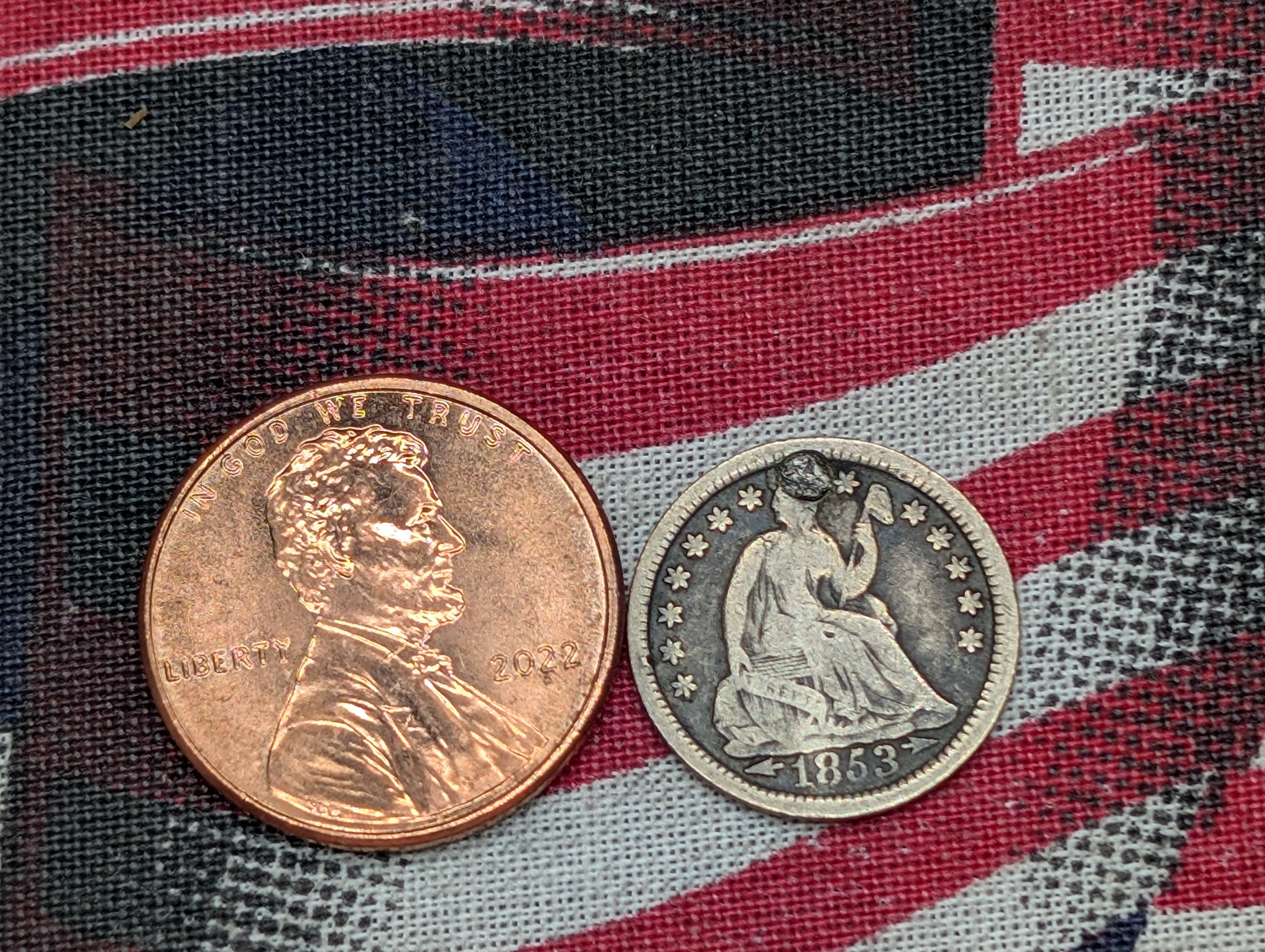 1853 Seated Liberty Half-Dime - (Penny shown for size comparison)
