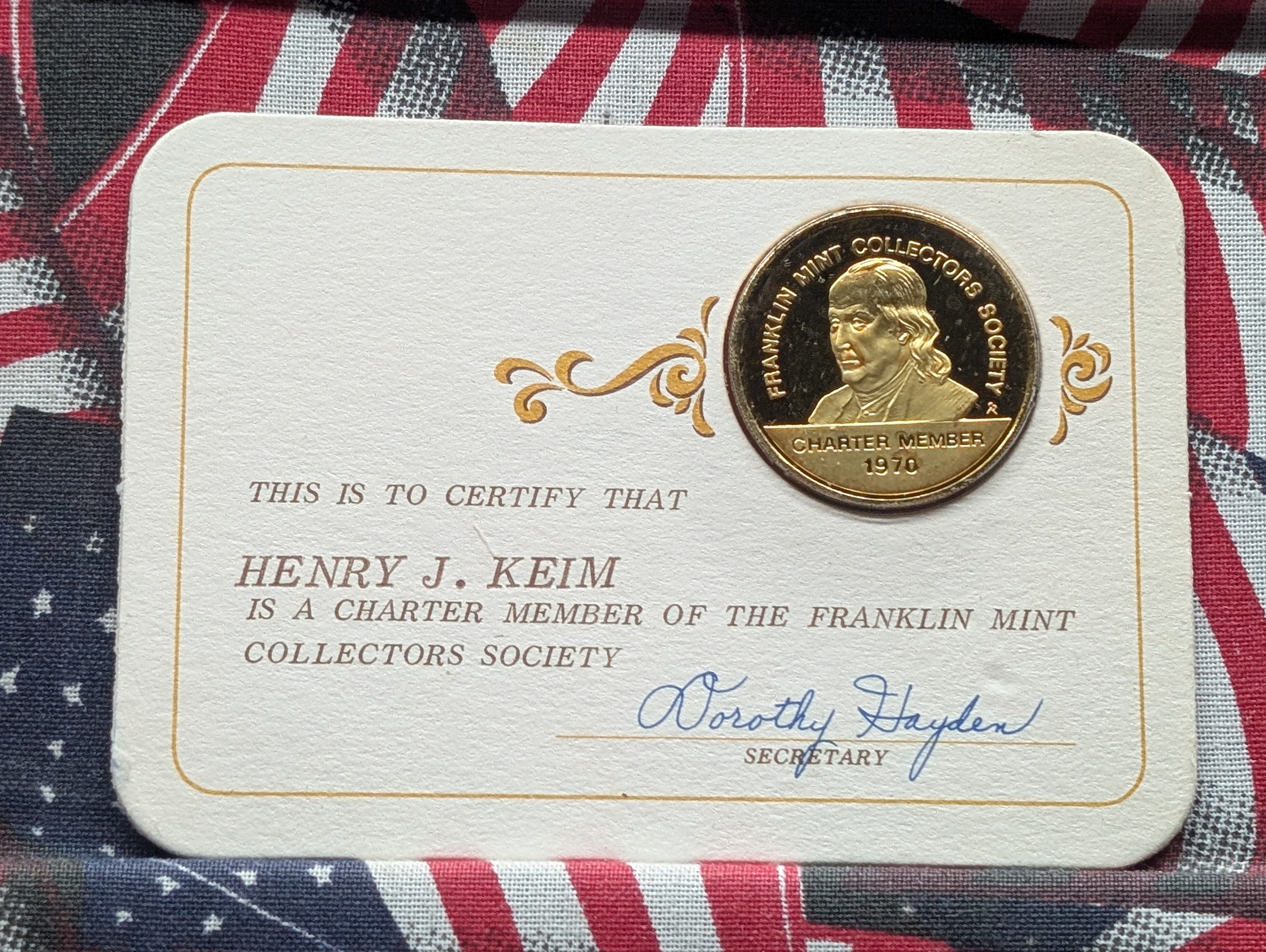 1970 Dated Franklin Mint Sterling Silver & Gold Plated Charter Member Medal