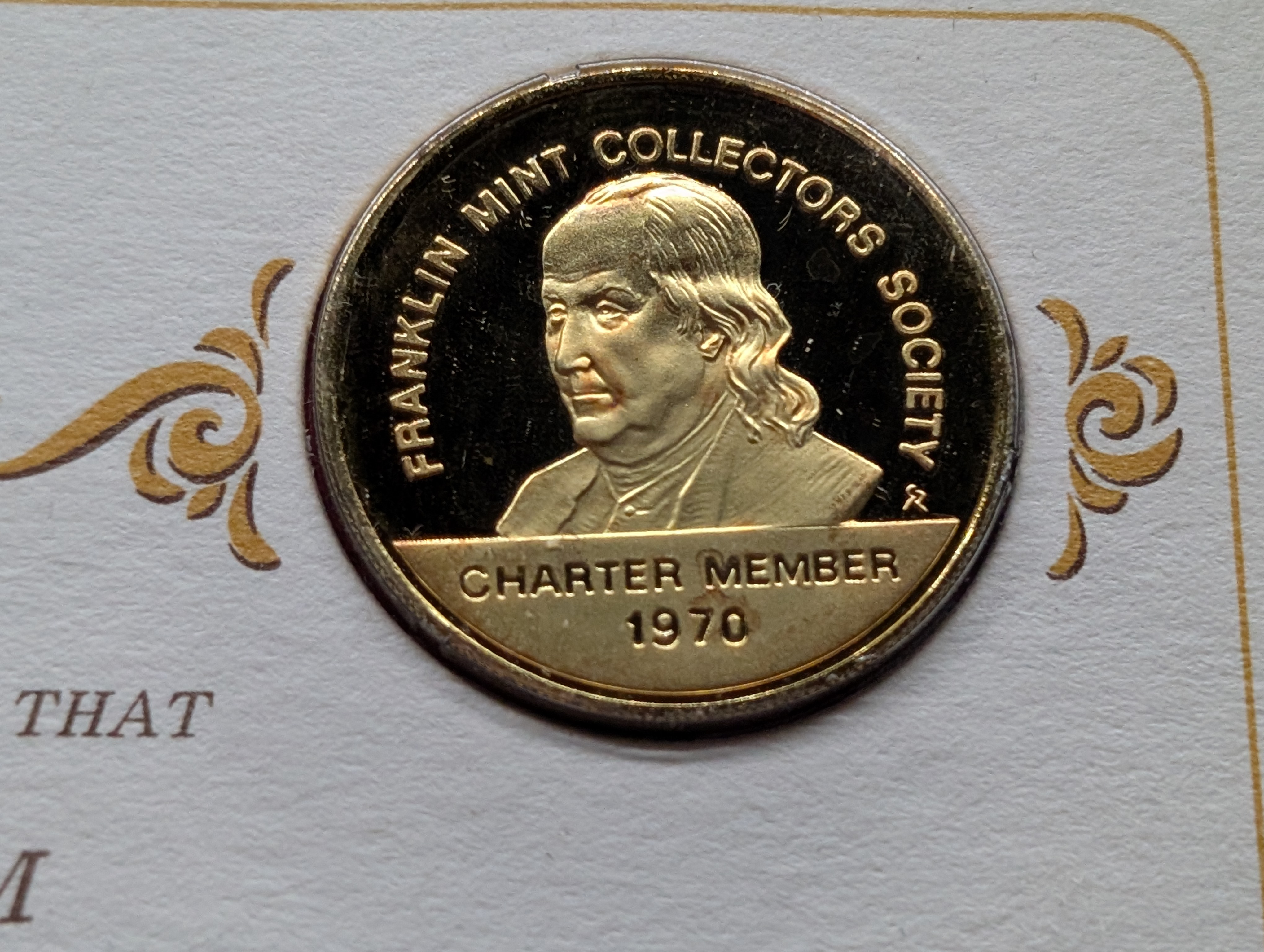 1970 Dated Franklin Mint Sterling Silver & Gold Plated Charter Member Medal