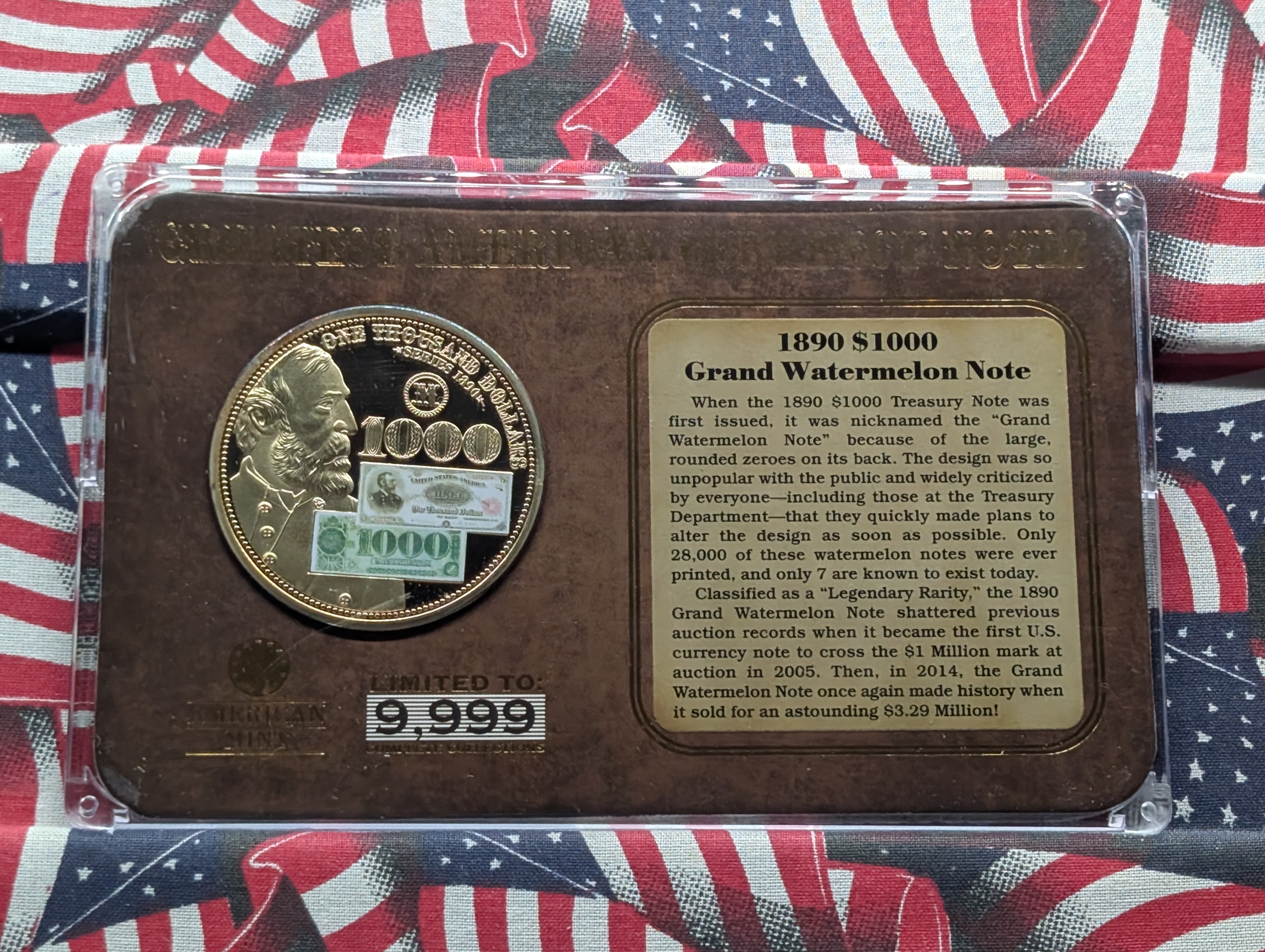Proof Extra Large GOLD Layered 1890 $1,000 Grand Watermelon Note Commemorative Medal - Limited To 9,999