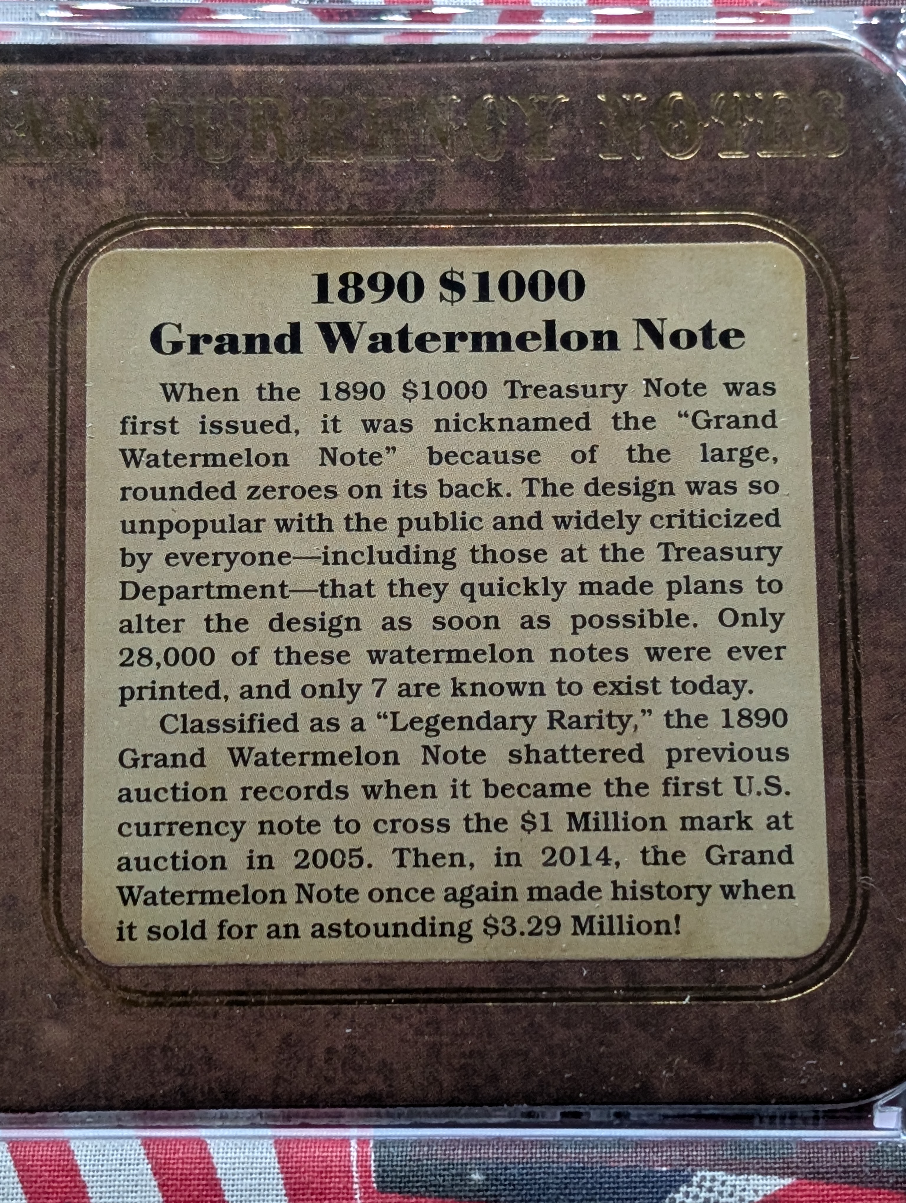 Proof Extra Large GOLD Layered 1890 $1,000 Grand Watermelon Note Commemorative Medal - Limited To 9,999
