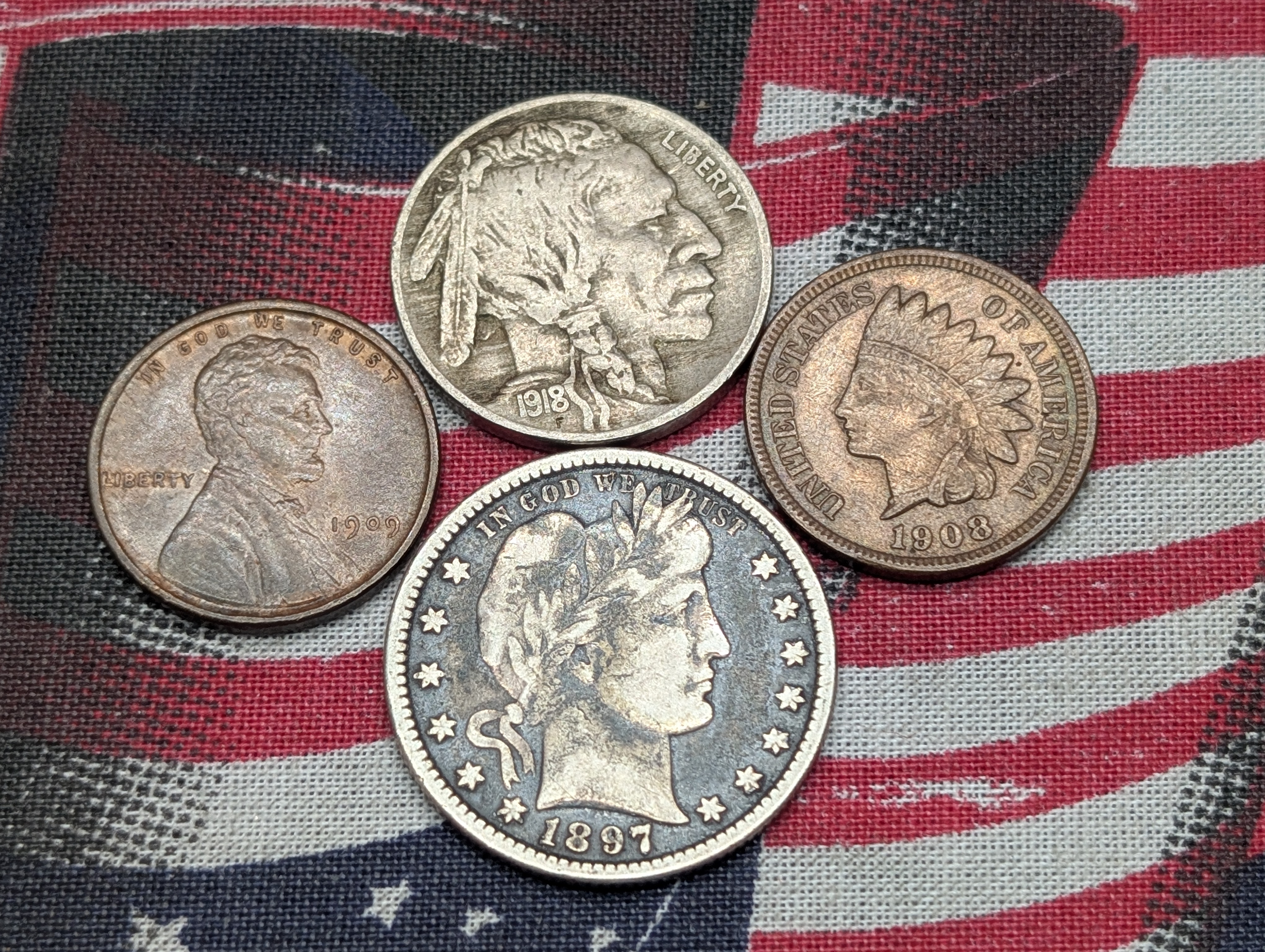 1918 Indian Head Buffalo Nickel, 1908 Indian Head Cent, 1909 VDB Lincoln Wheat Cent, & 1897 Barber 90% Silver Quarter