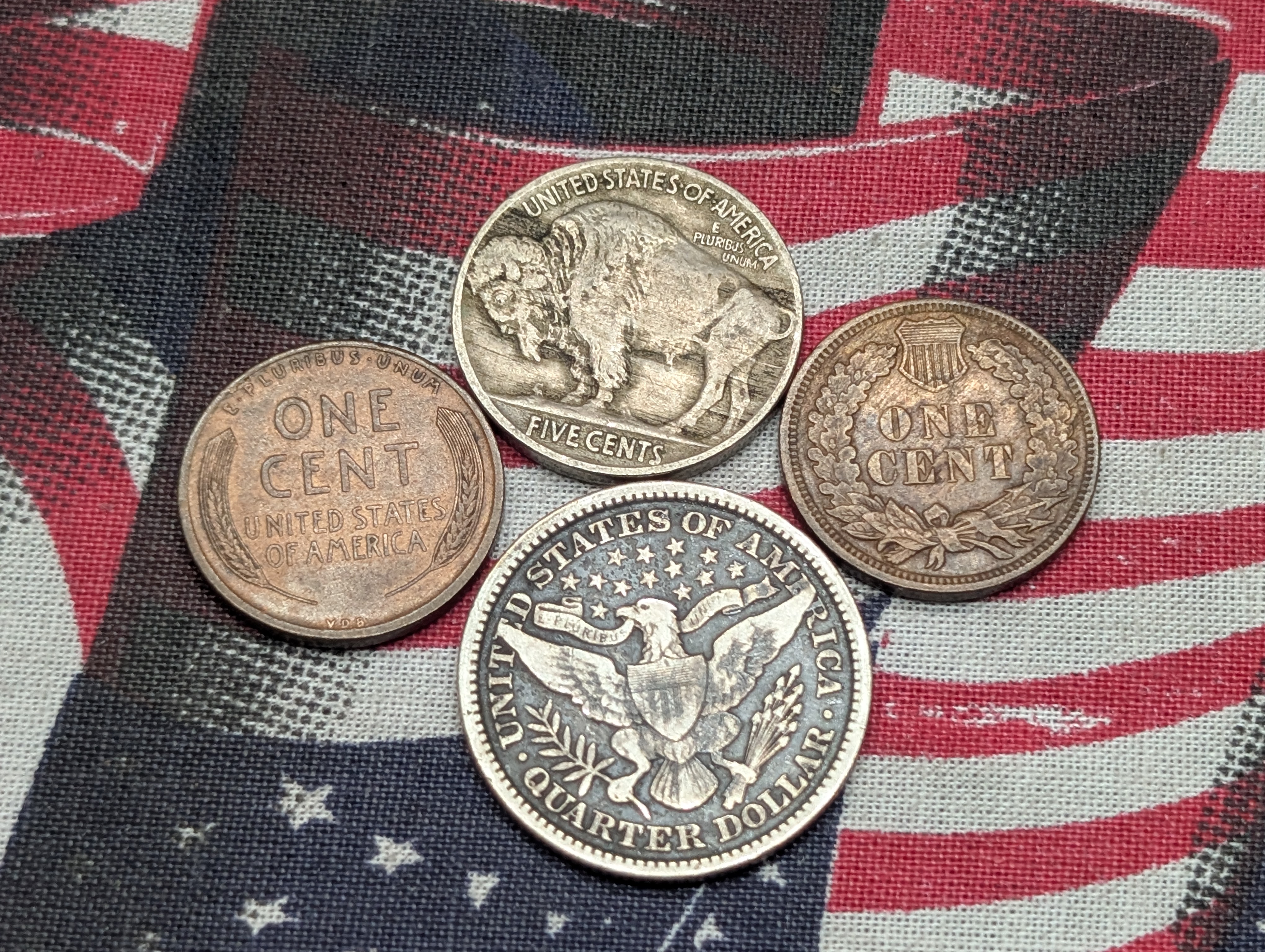 1918 Indian Head Buffalo Nickel, 1908 Indian Head Cent, 1909 VDB Lincoln Wheat Cent, & 1897 Barber 90% Silver Quarter