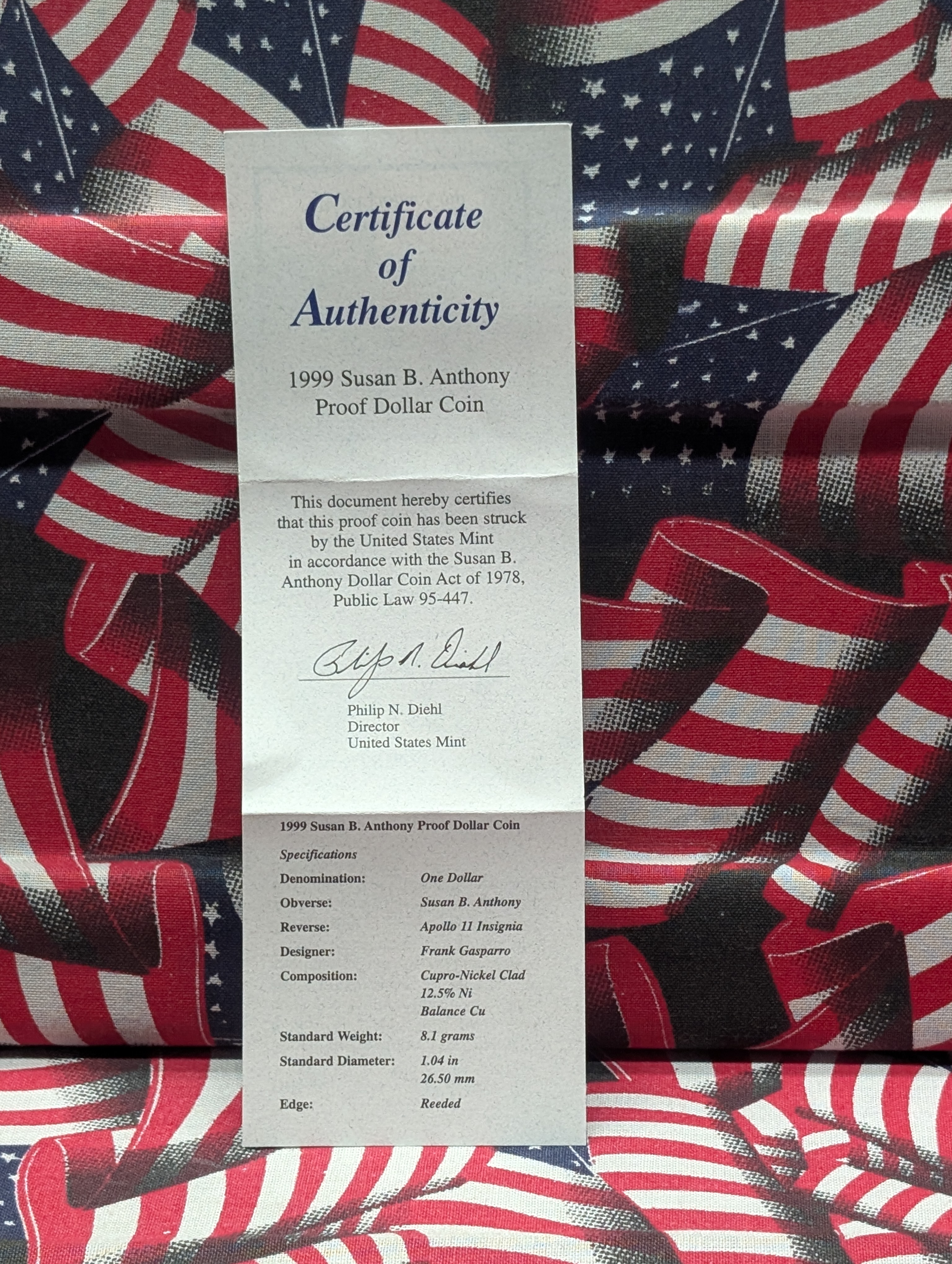 1999 PROOF Susan B. Anthony Dollar - Includes COA & Case