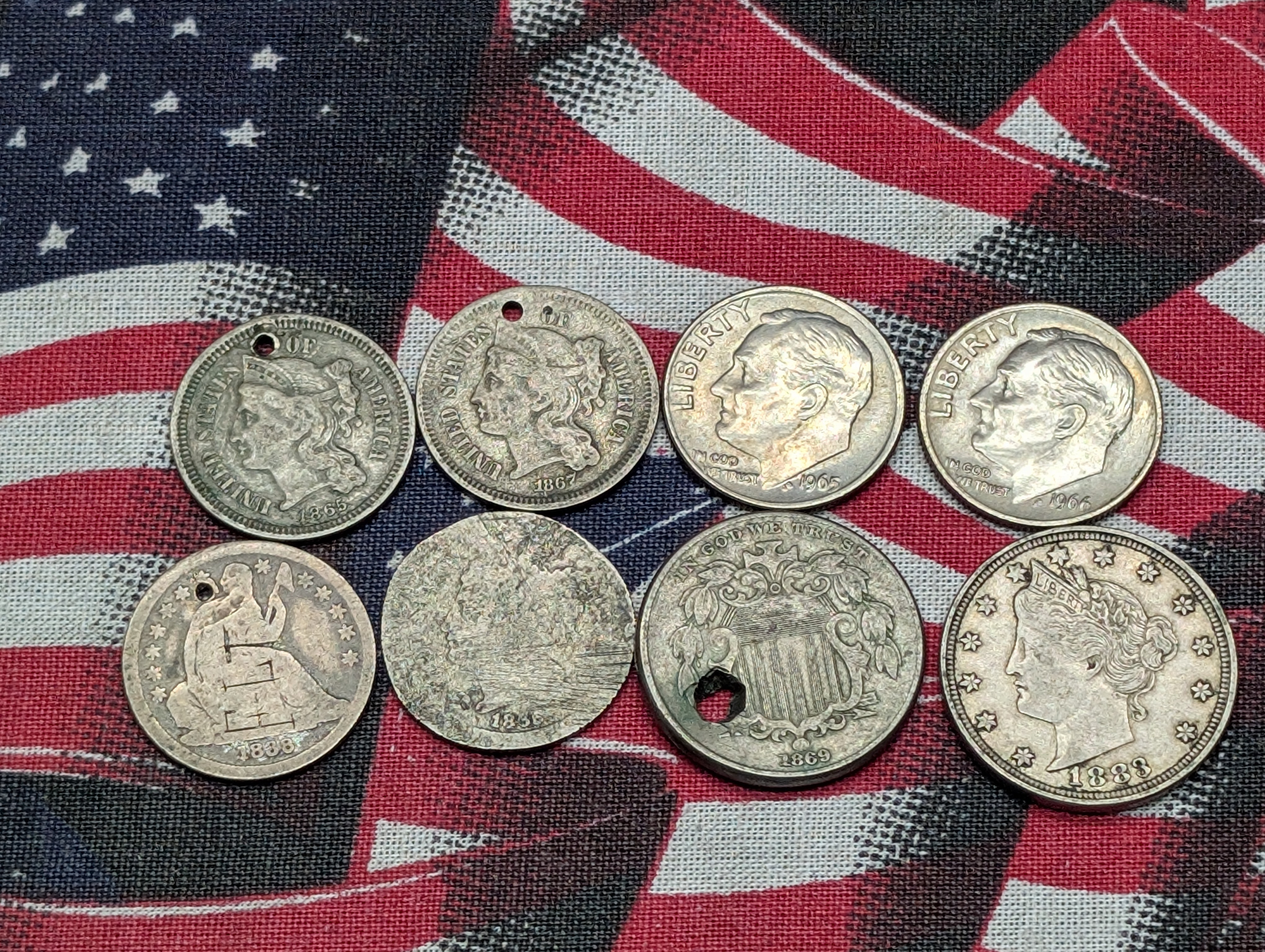 Collection of Assorted U.S. Coins - Includes Shield Nickels, 3-Cent Nickels, 3-Cent Silver, Dimes, Etc.., 4 with Holes
