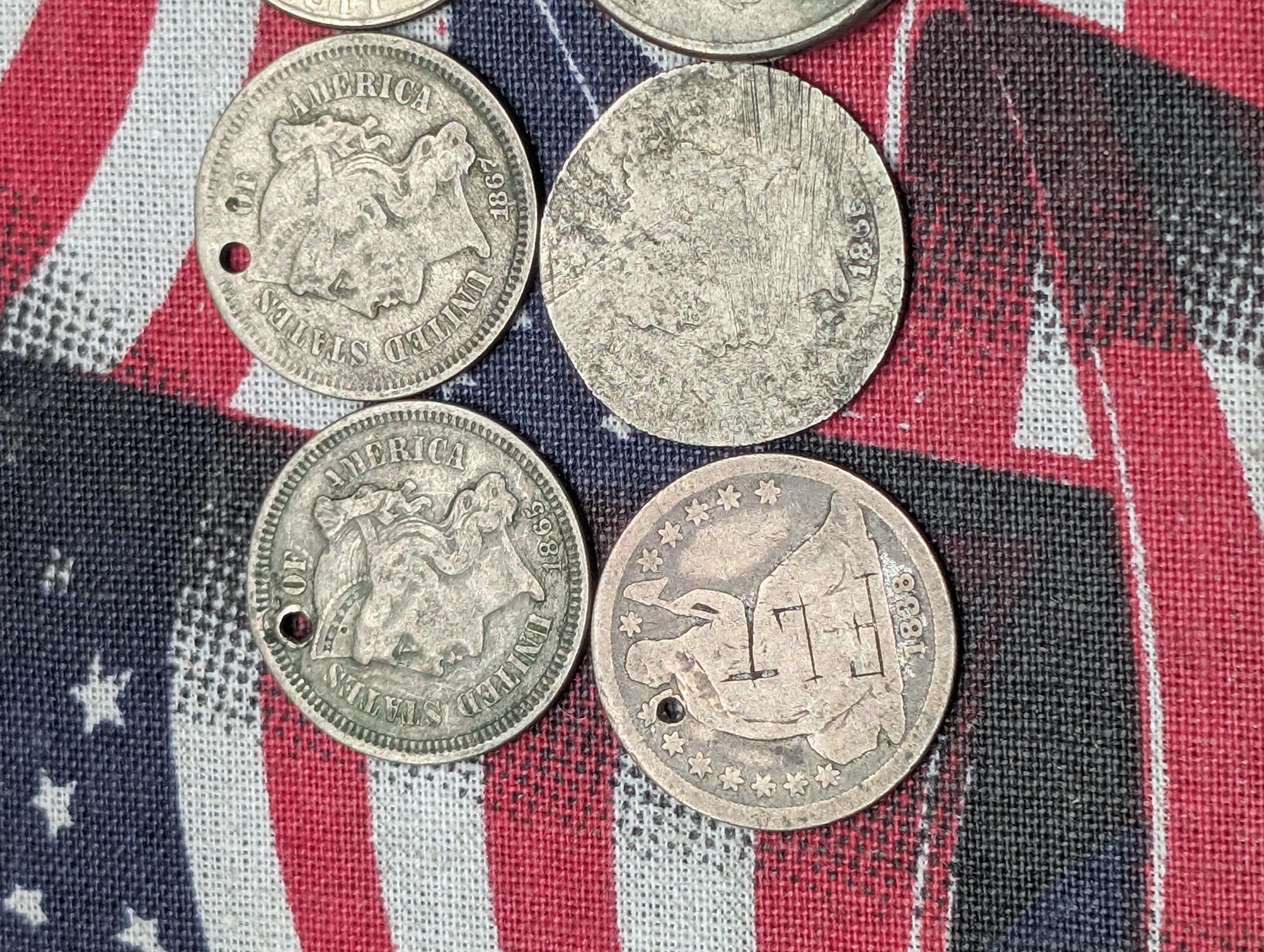 Collection of Assorted U.S. Coins - Includes Shield Nickels, 3-Cent Nickels, 3-Cent Silver, Dimes, Etc.., 4 with Holes