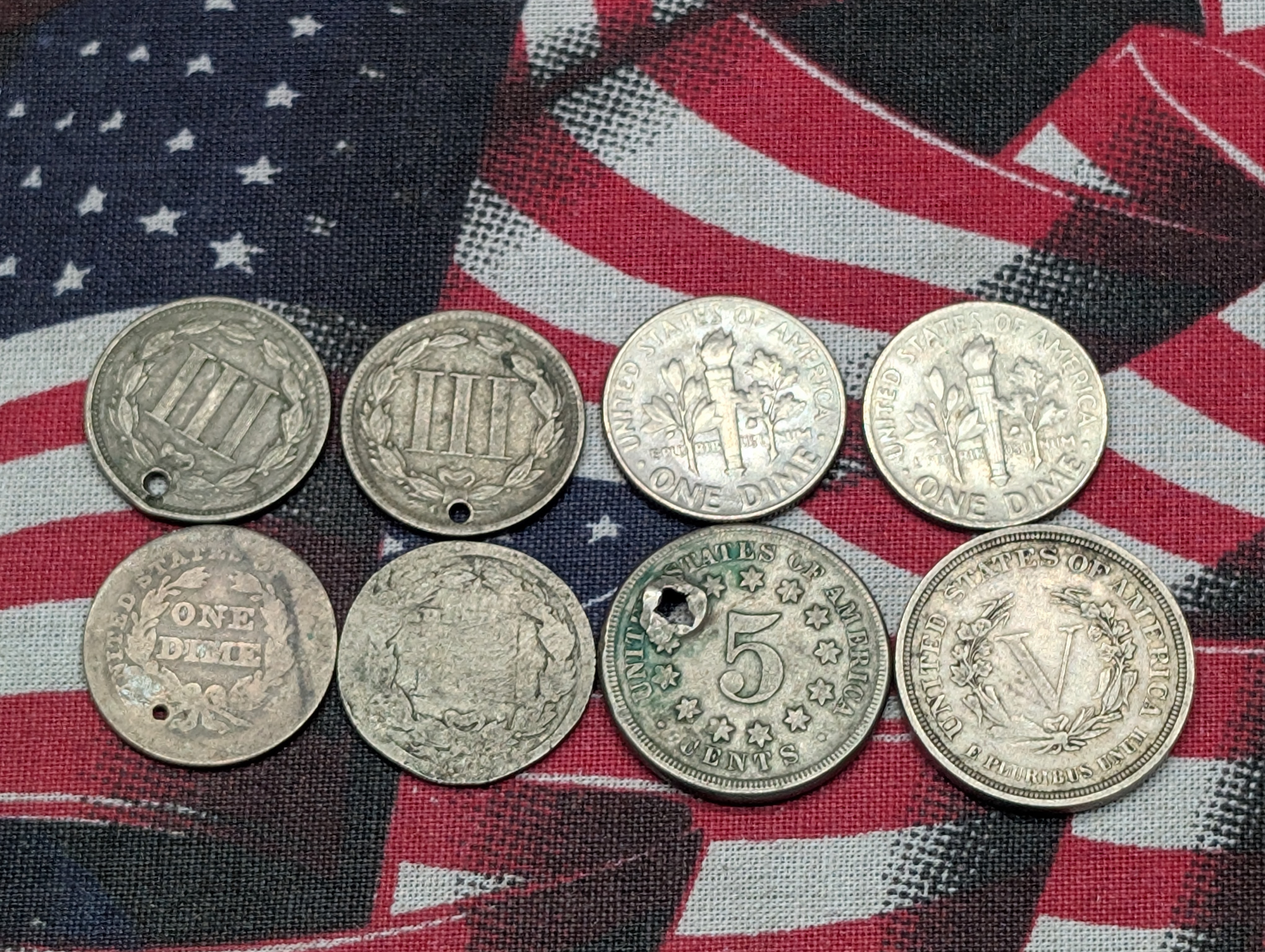 Collection of Assorted U.S. Coins - Includes Shield Nickels, 3-Cent Nickels, 3-Cent Silver, Dimes, Etc.., 4 with Holes