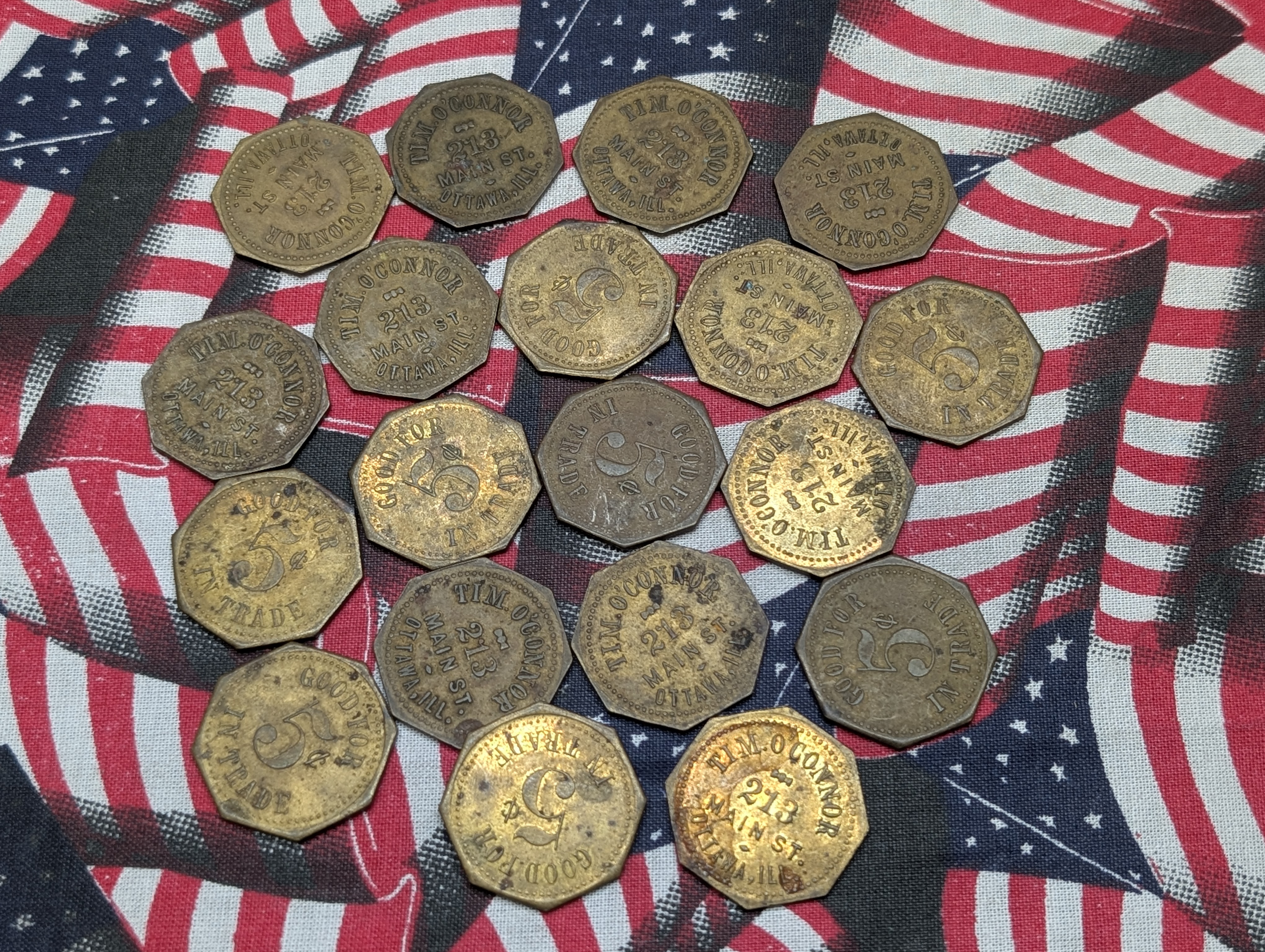 (19) Historic Store Tim O'Connor 213 Main St. Ottawa, Ill. 5- Cent Tokens
