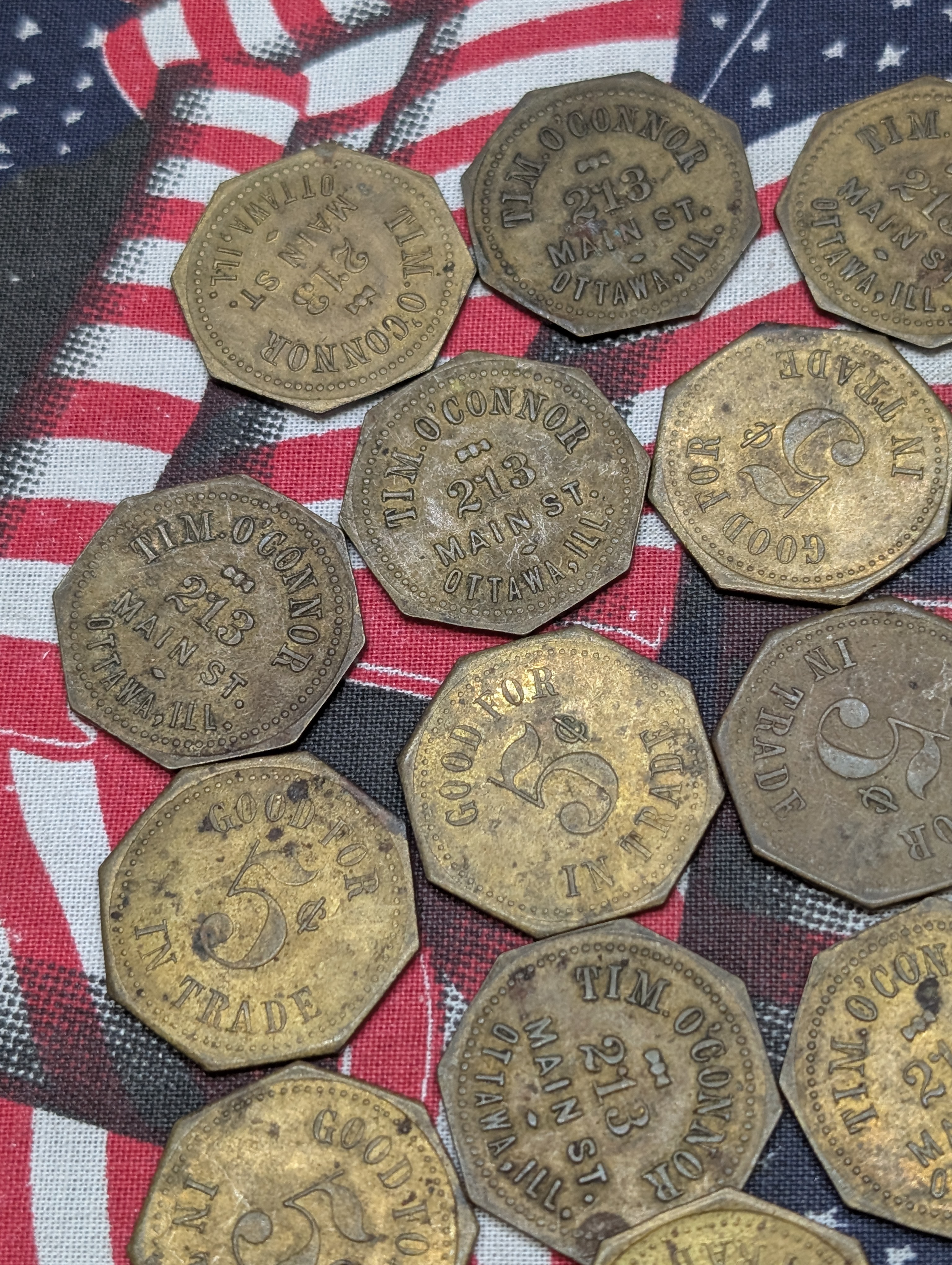 (19) Historic Store Tim O'Connor 213 Main St. Ottawa, Ill. 5- Cent Tokens