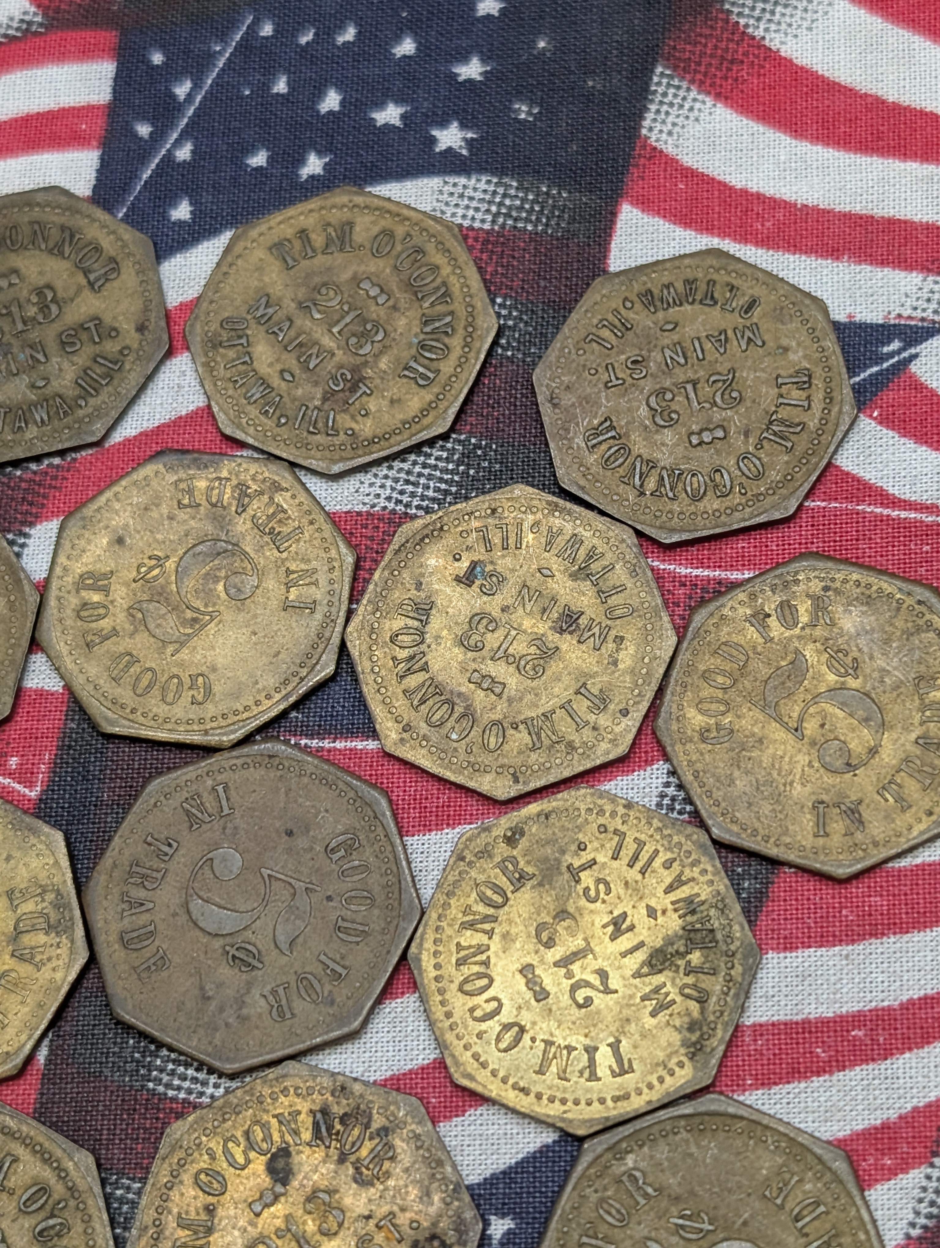 (19) Historic Store Tim O'Connor 213 Main St. Ottawa, Ill. 5- Cent Tokens