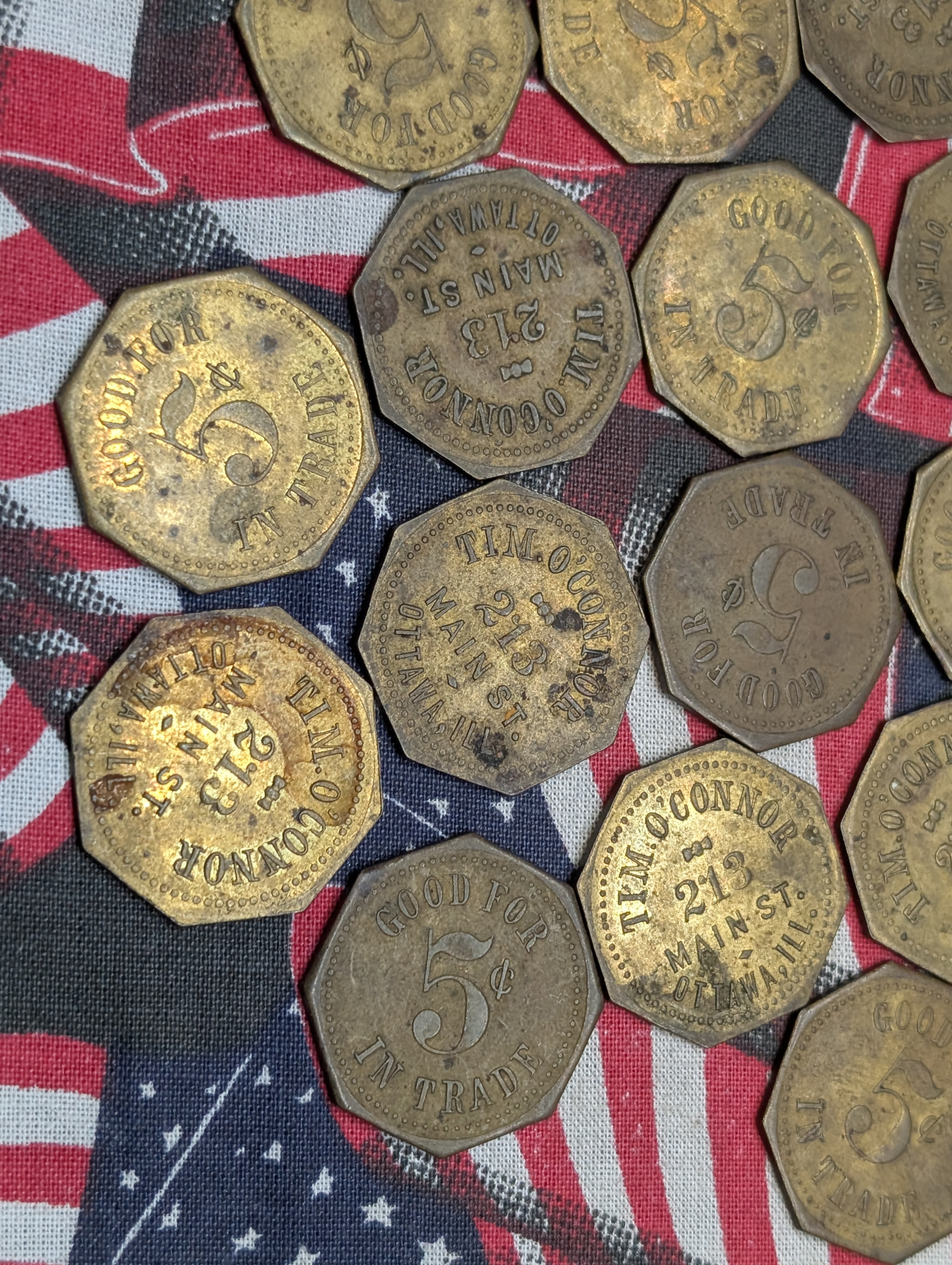 (19) Historic Store Tim O'Connor 213 Main St. Ottawa, Ill. 5- Cent Tokens