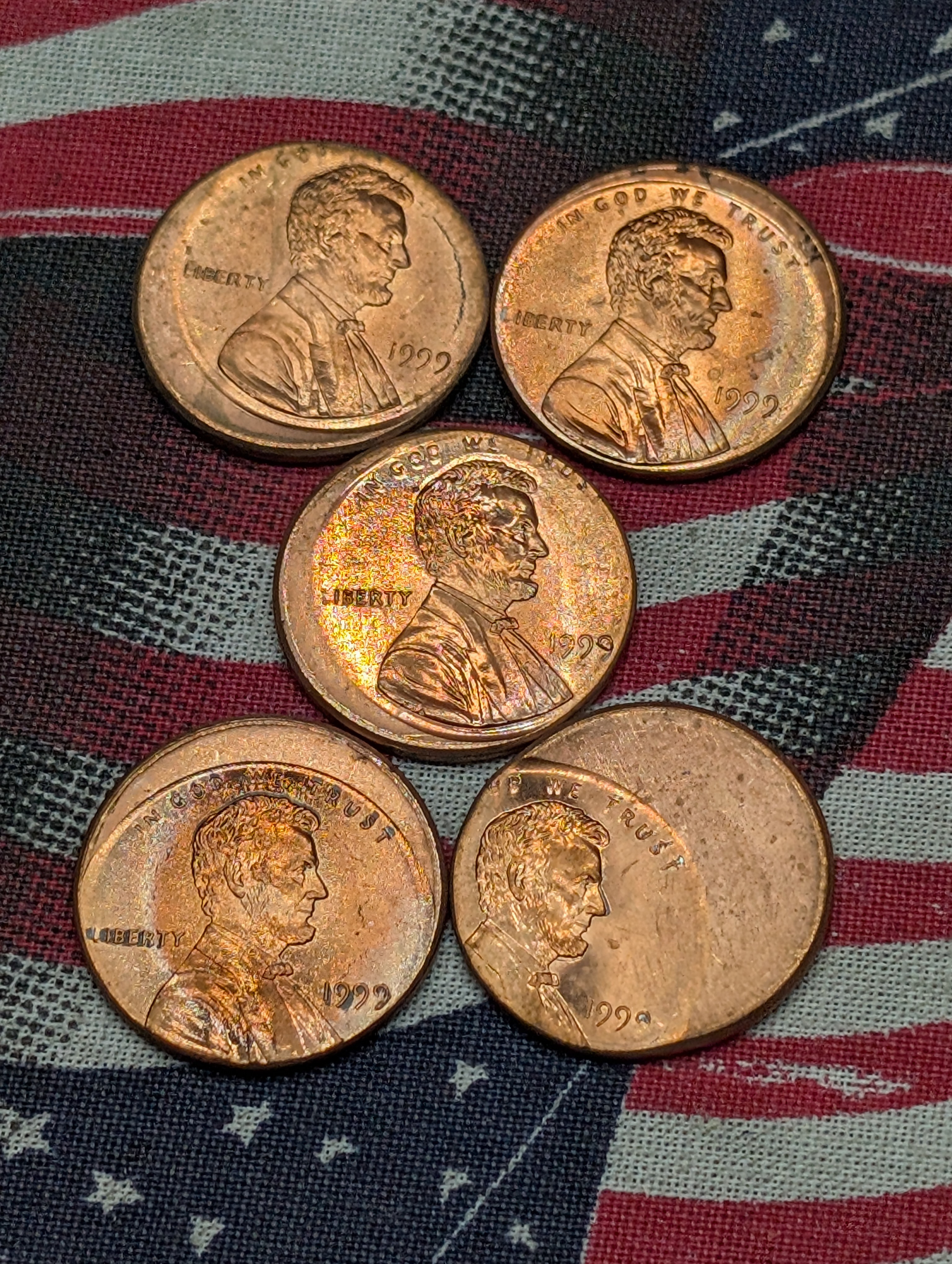(5) 1999-P Lincoln Memorial Off-Center/Broadstruck Error Cents - Possibly From Same Roll