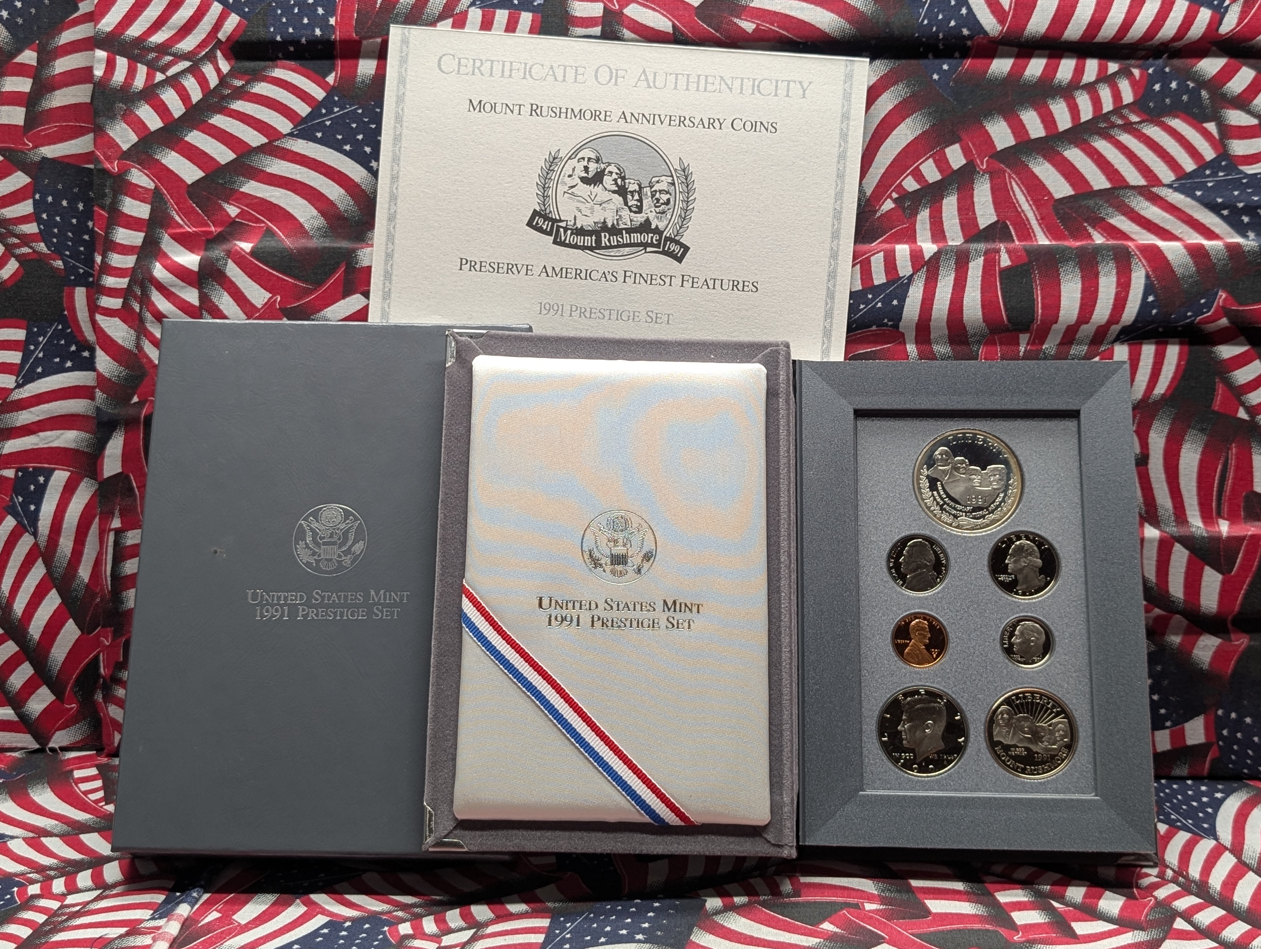 1991-S Mount Rushmore U.S. Mint Prestige Coin Set In OGP With COA - Includes 90% Silver Dollar 26.73g, 2 Clad Half Dollars
