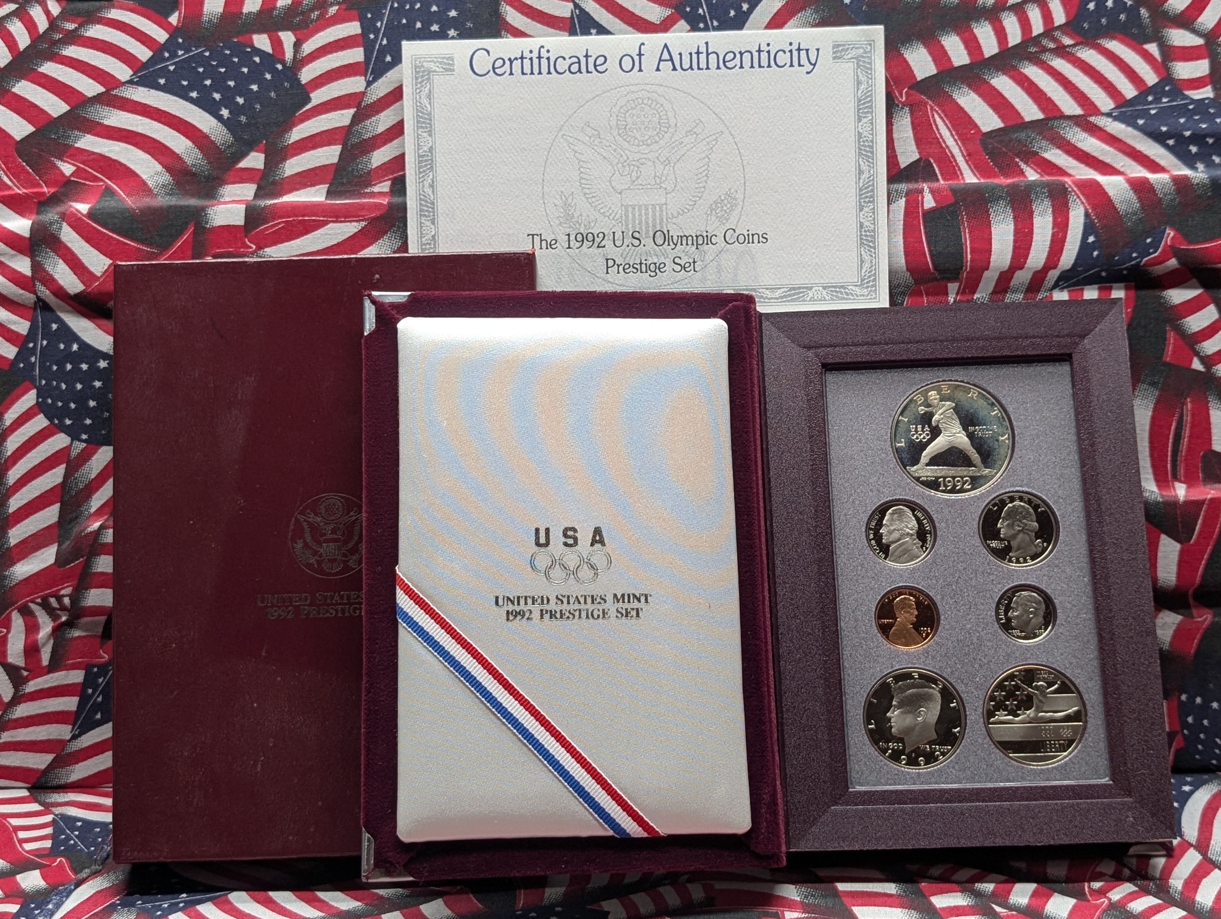 1992-S Olympic Games U.S. Mint Prestige Coin Set In OGP With COA - Includes 90% Silver Dollar 26.73g, 2 Clad Half Dollars