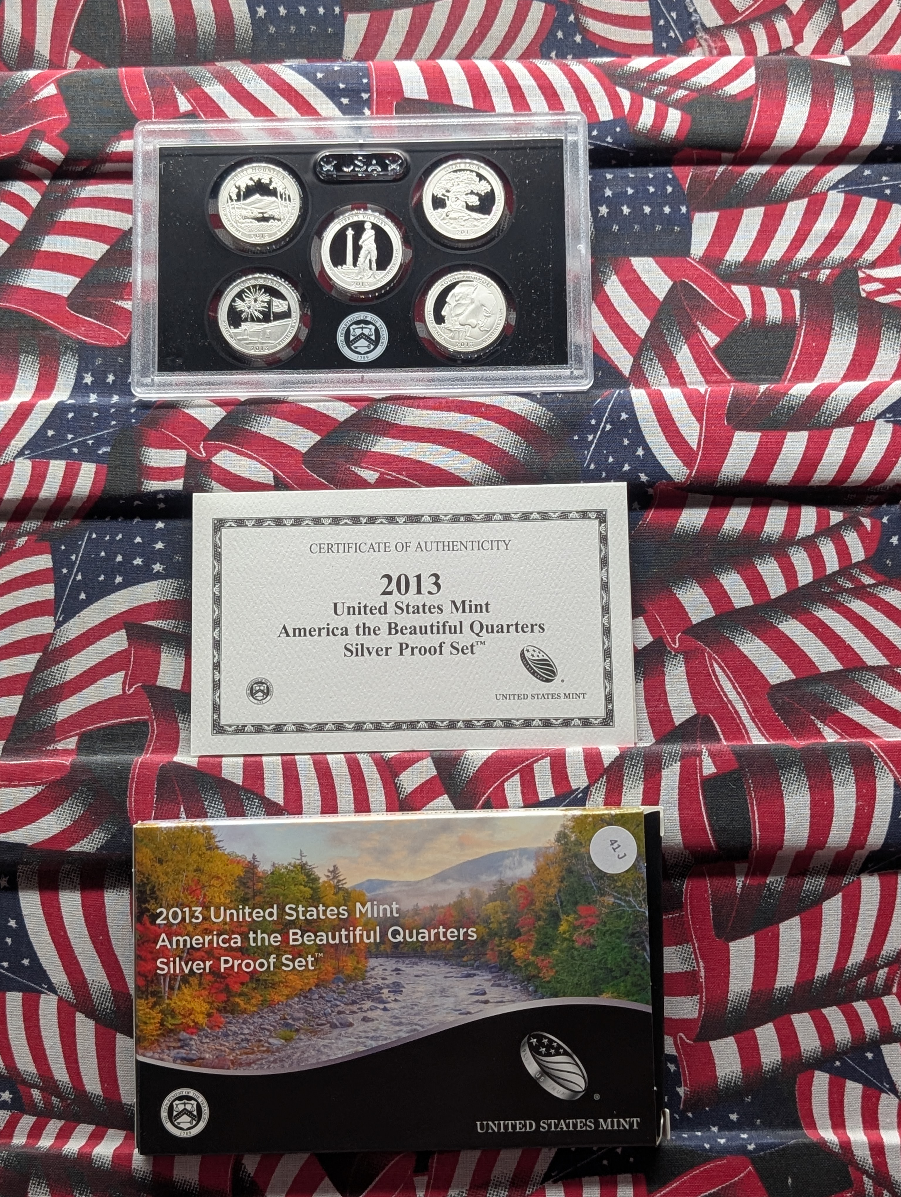 2013-S U.S. Mint America The Beautiful Quarters Silver Proof Set In OGP With COA, Five 90% Silver Coins