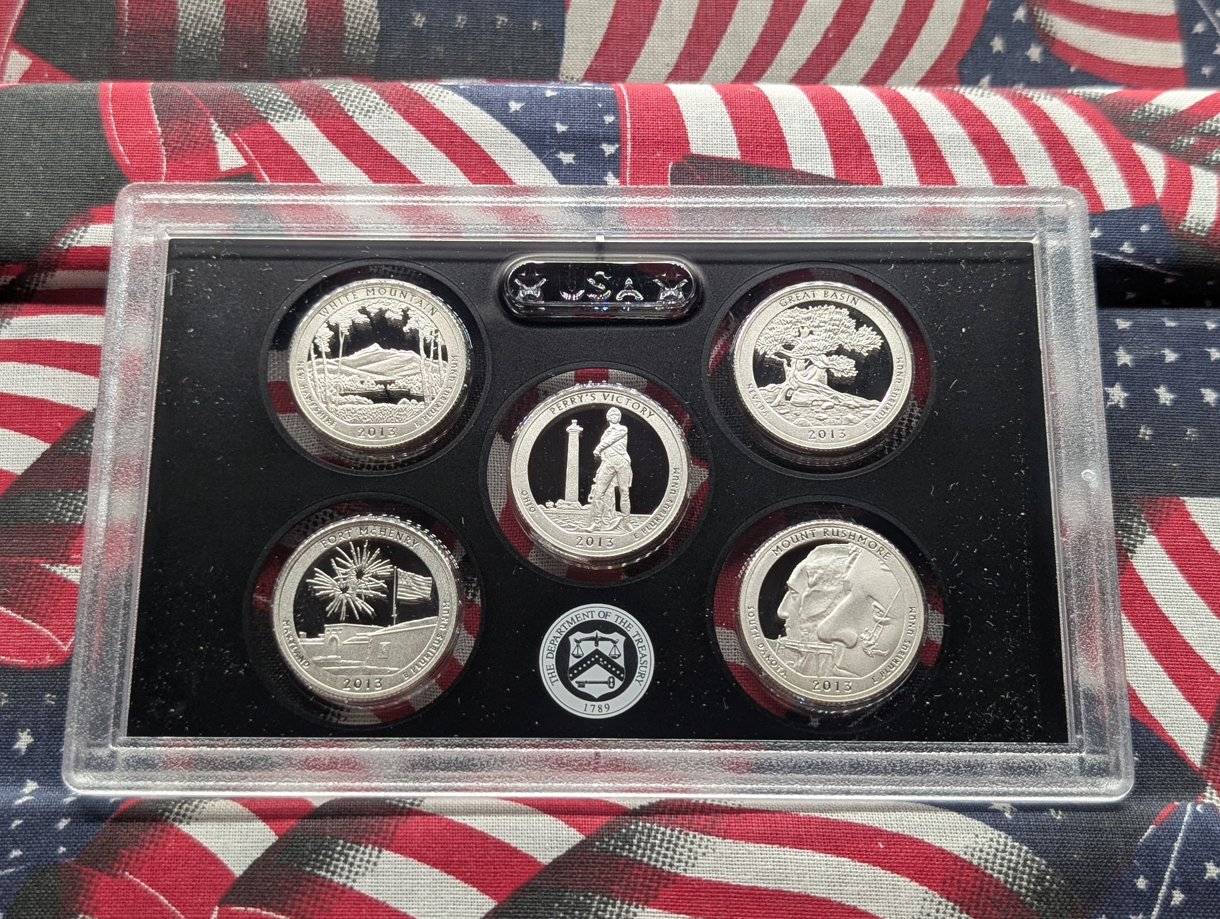 2013-S U.S. Mint America The Beautiful Quarters Silver Proof Set In OGP With COA, Five 90% Silver Coins