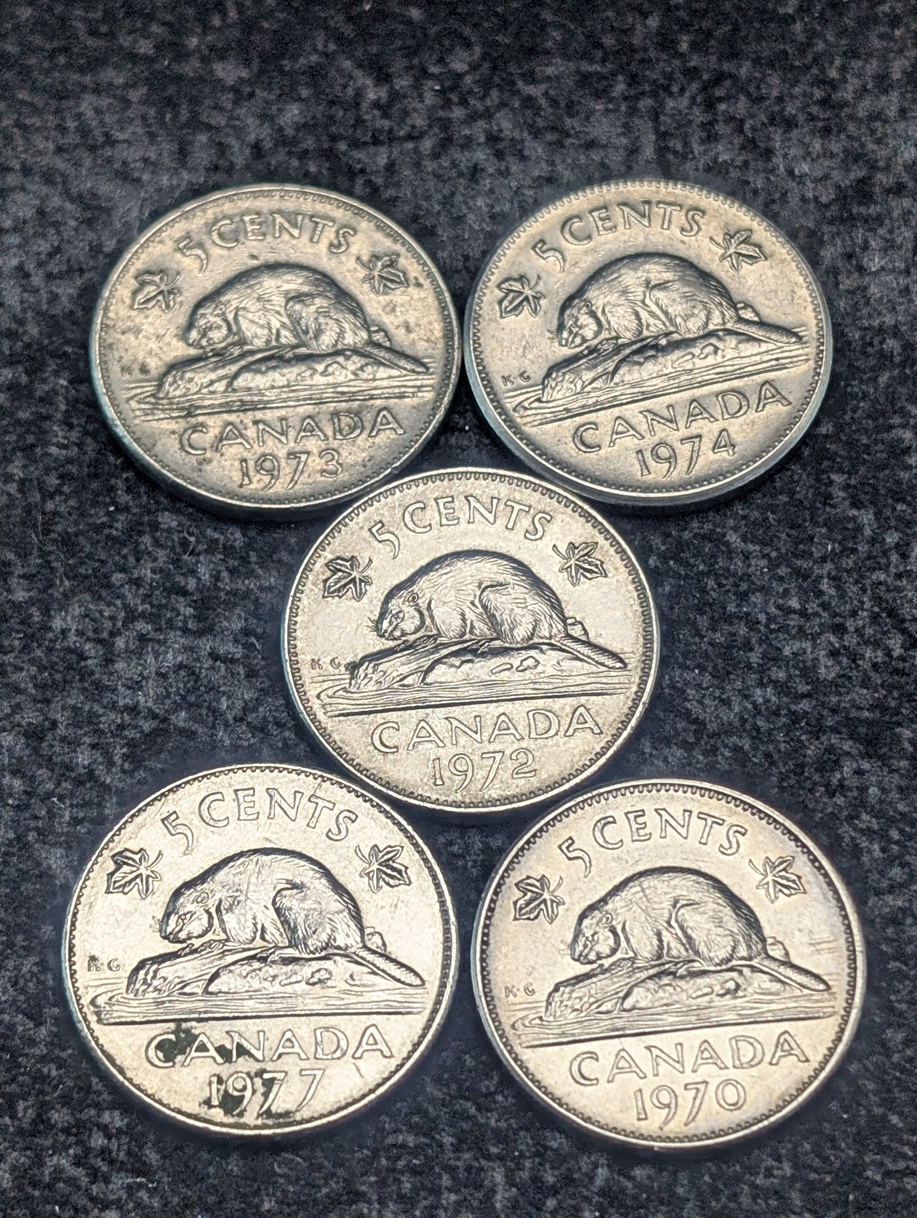 1970, 1972, 1973, 1974, 1977 Canada Five Cents