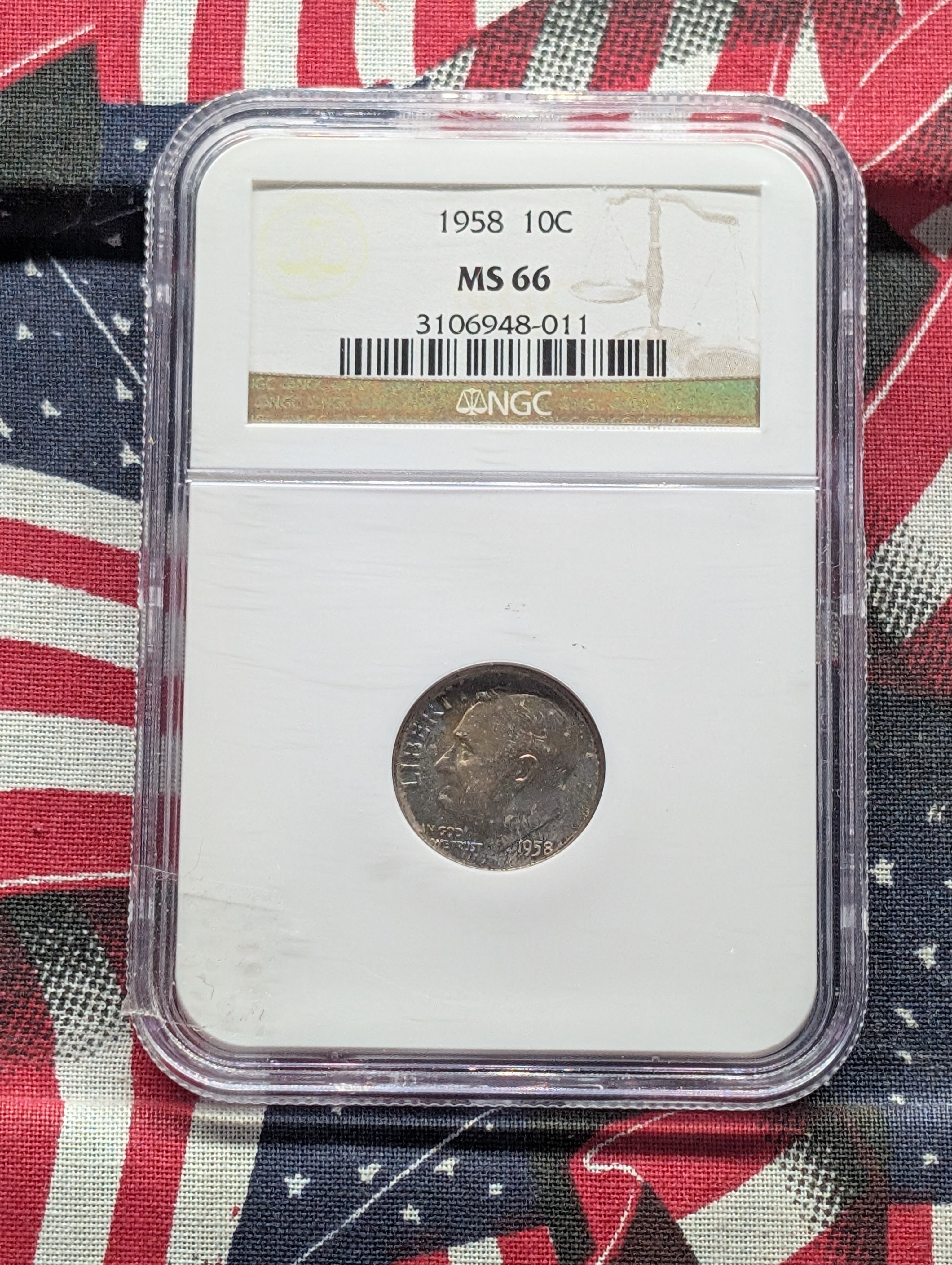 1958-P Roosevelt 90% Silver Dime NGC MS 66 - Toned