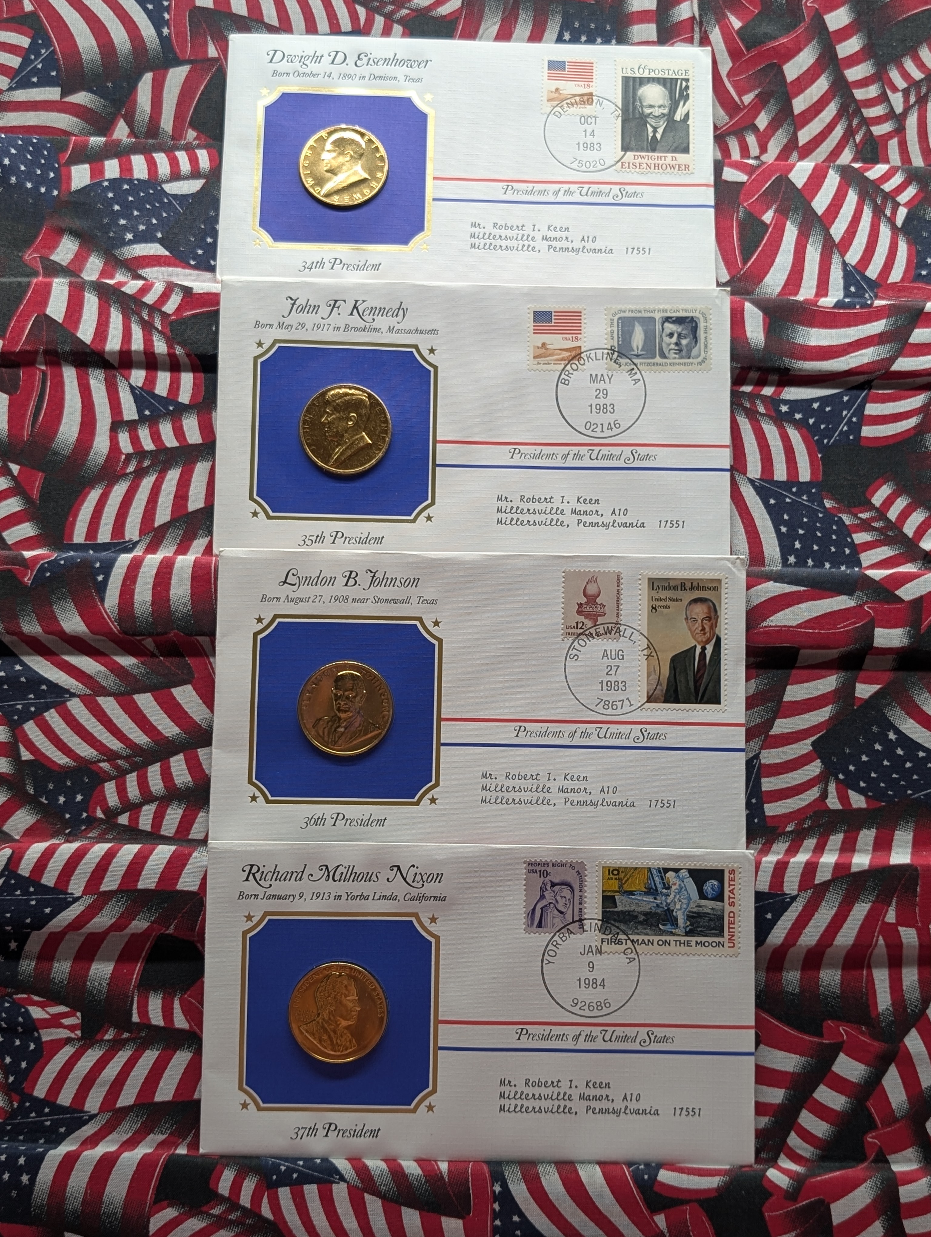 (4) Special Collector's Edition Of Official U.S. Mint Presidential Metal and Stamp, Including Kennedy, Eisenhower, Nixon and Johnson