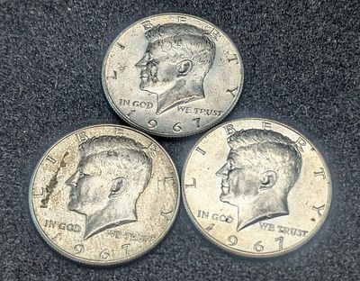 (3) 1967 40% Silver Kennedy Half Dollars Condition PLEASE NOTE Some coins may have a grade on 