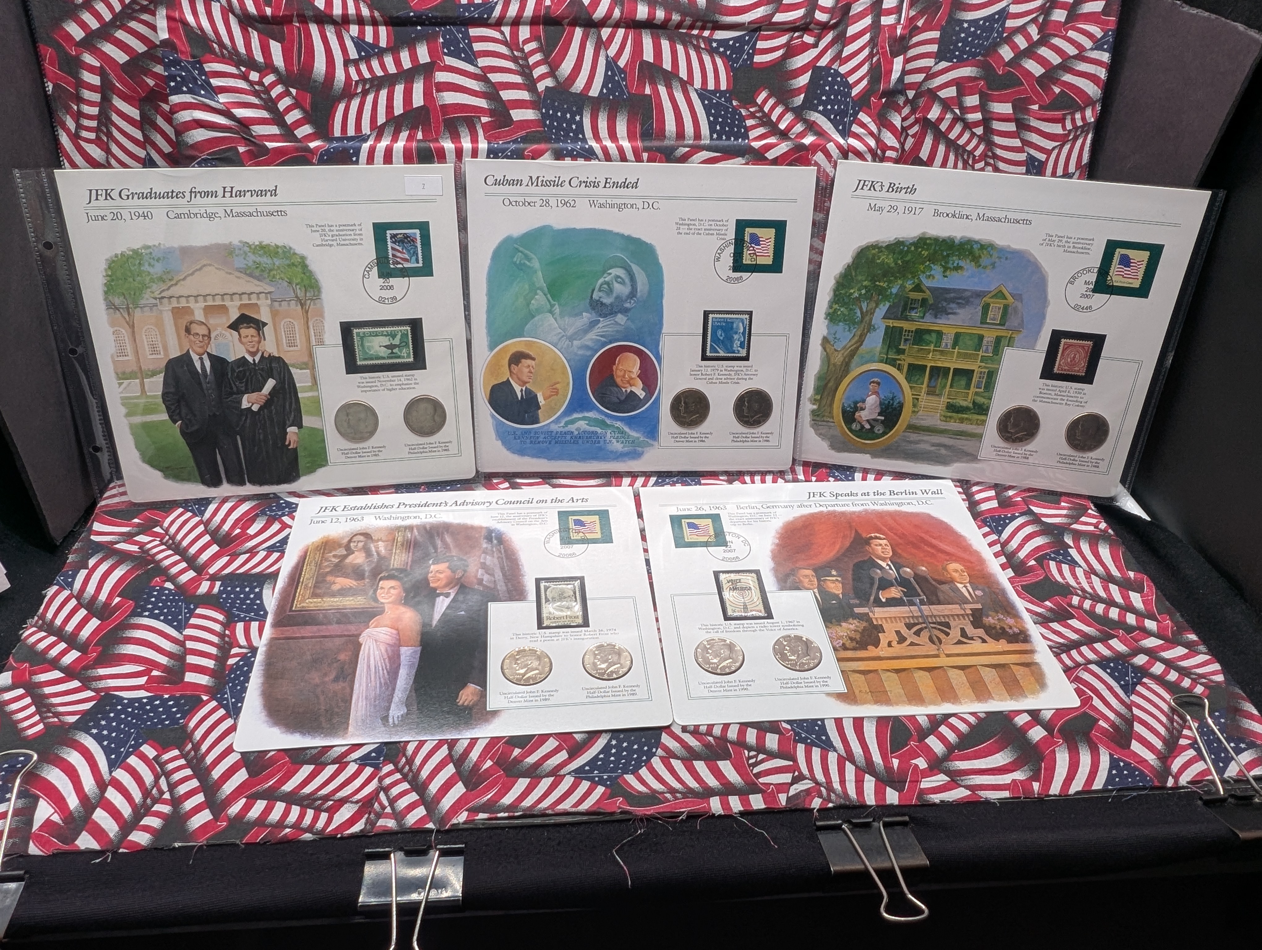 (1985 to 1990) 5pc P&D Lot Kennedy Half Dollars In Info Sheets, 10 Coins - No 1987 Sheet