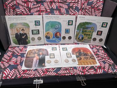 (1985 to 1990) 5pc P&D Lot Kennedy Half Dollars In Info Sheets, 10 Coins - No 1987 Sheet. (1985 