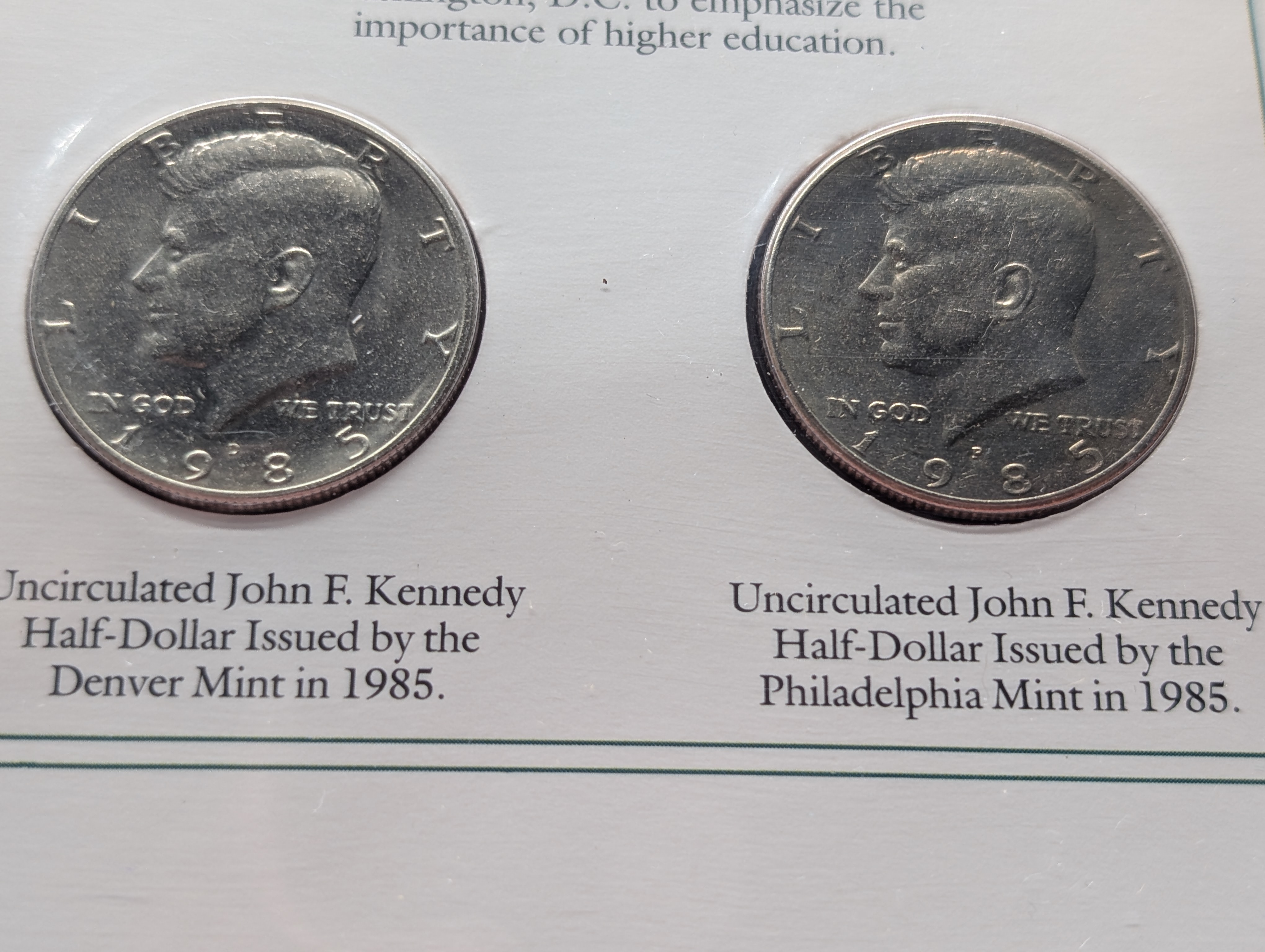 (1985 to 1990) 5pc P&D Lot Kennedy Half Dollars In Info Sheets, 10 Coins - No 1987 Sheet