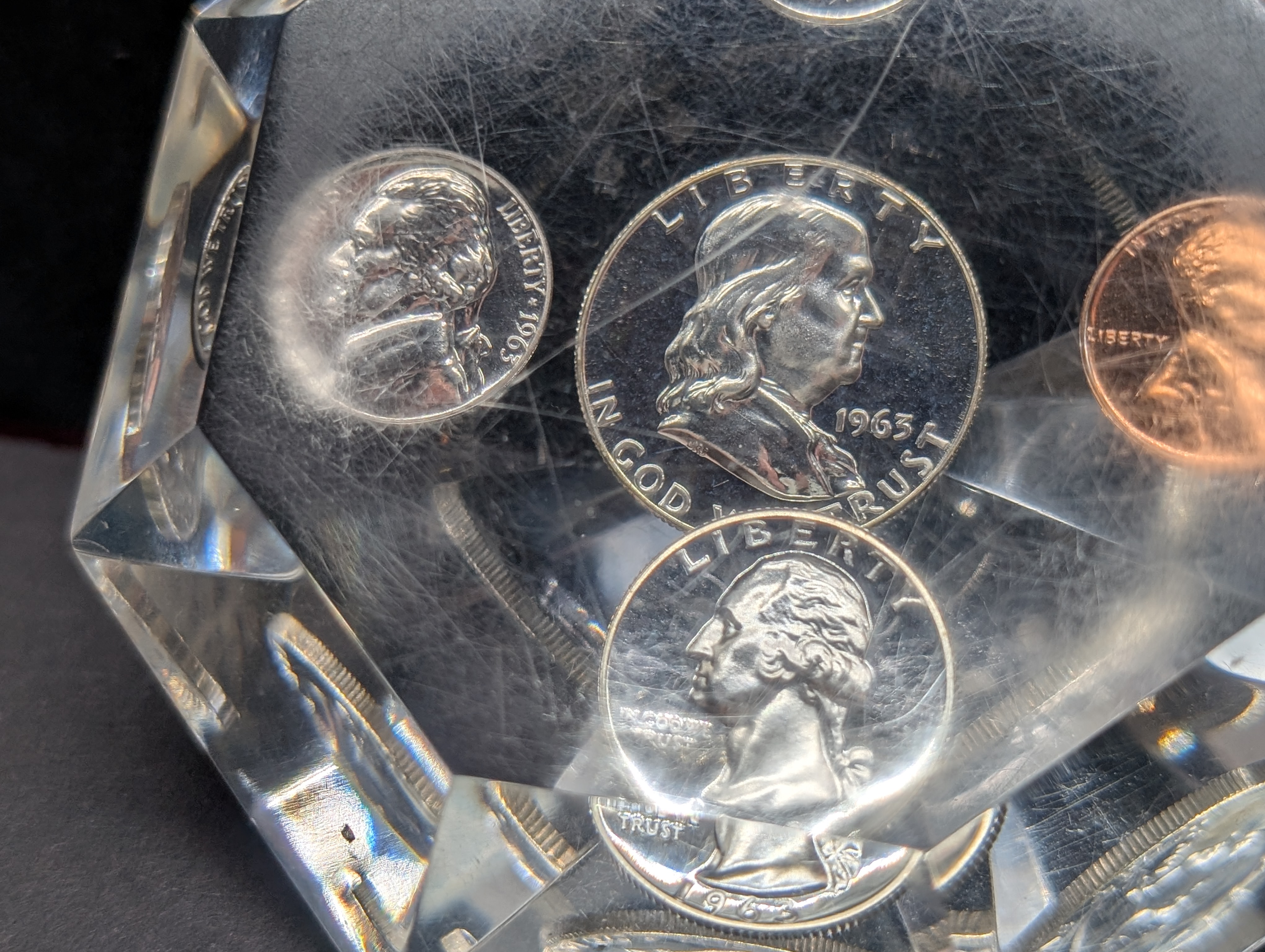 1963 Silver Proof Set Encased in Acrylic Diamond - Three 90% Silver Coins