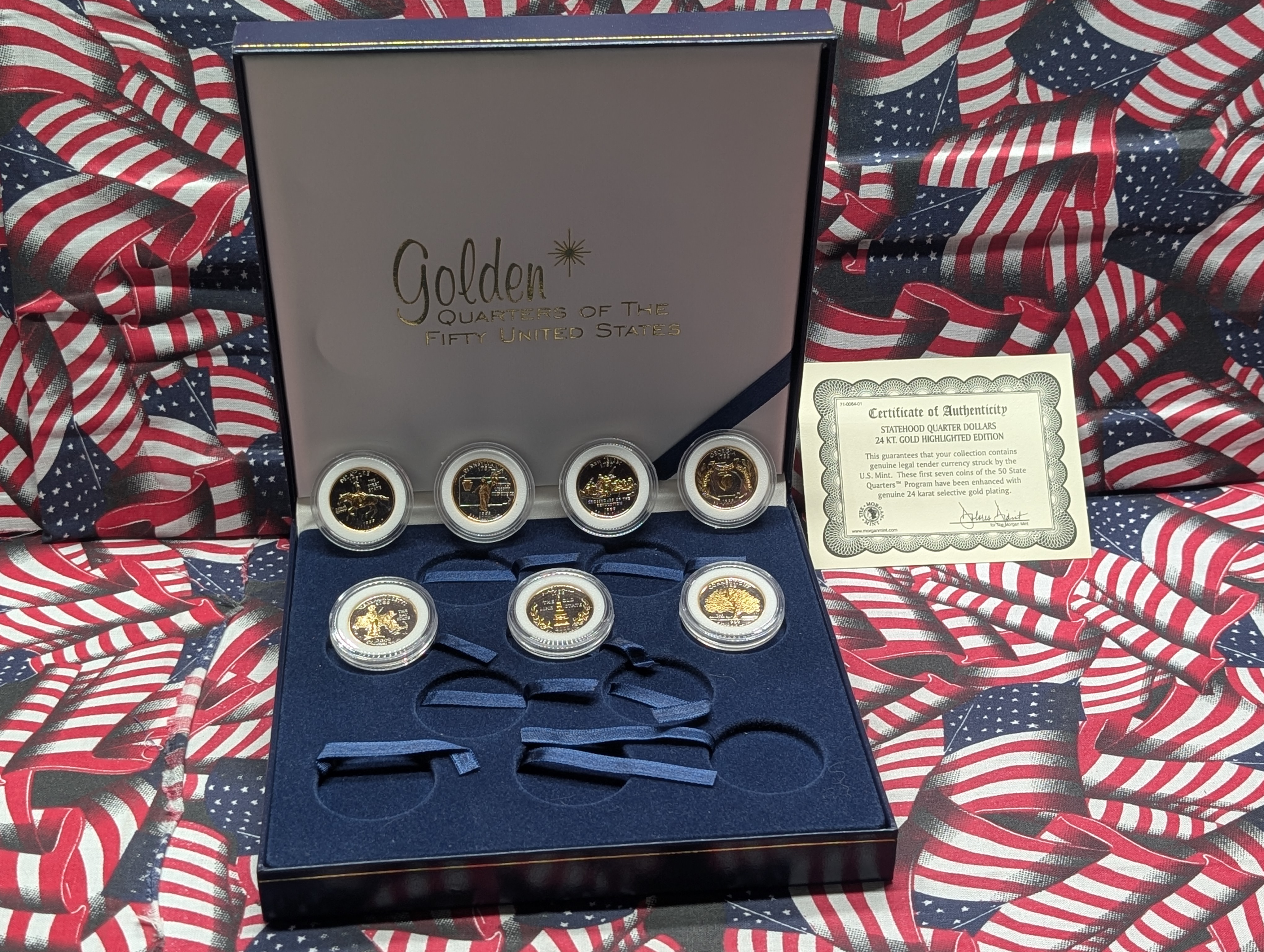 7 - 24kt Gold Plated, United States Statehood Quarters with Box and COA