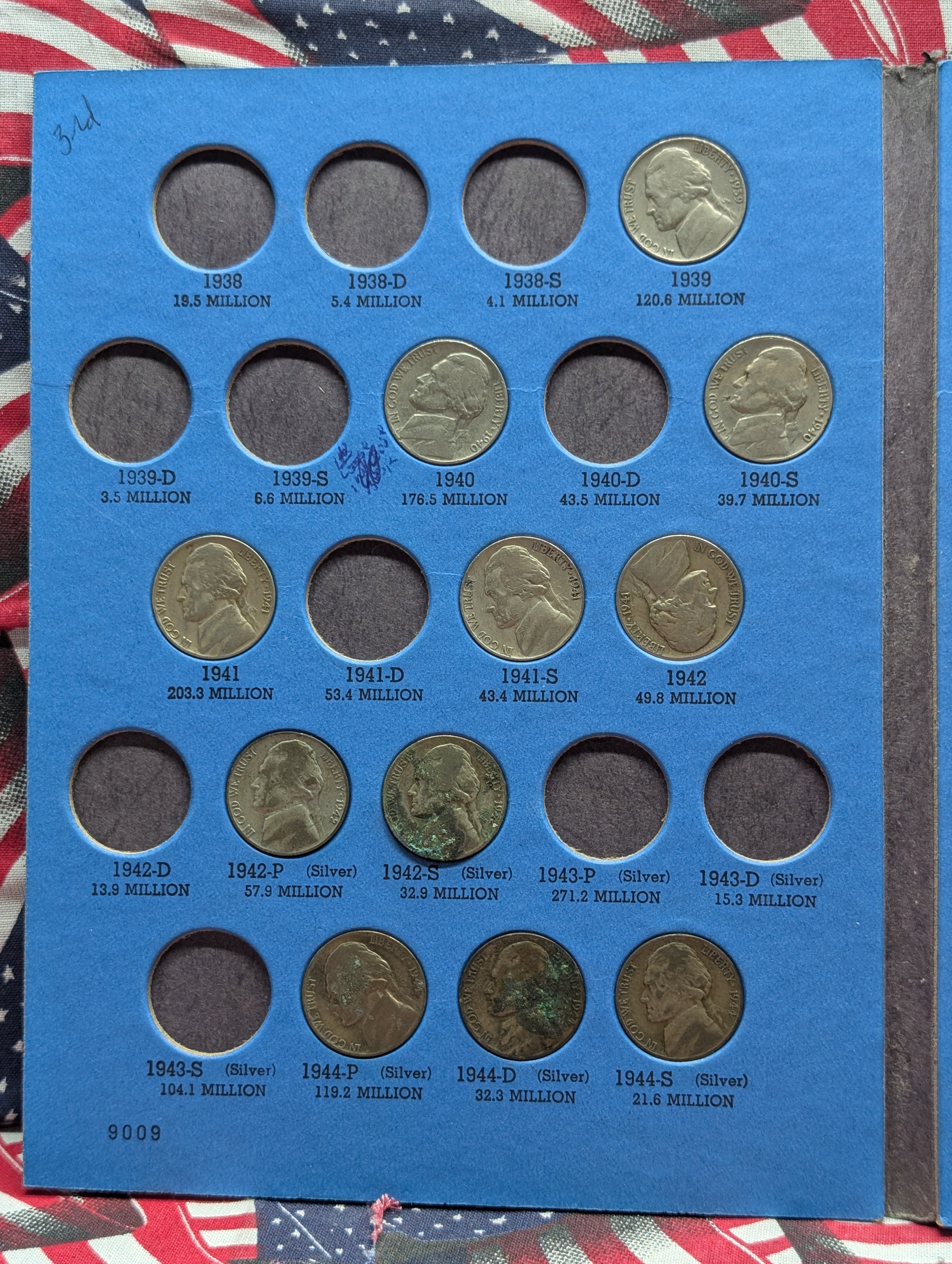 Partial Jefferson Nickel Collection 1938-1961 Book - Includes 7 War Time Nickels - 40 Coins Total