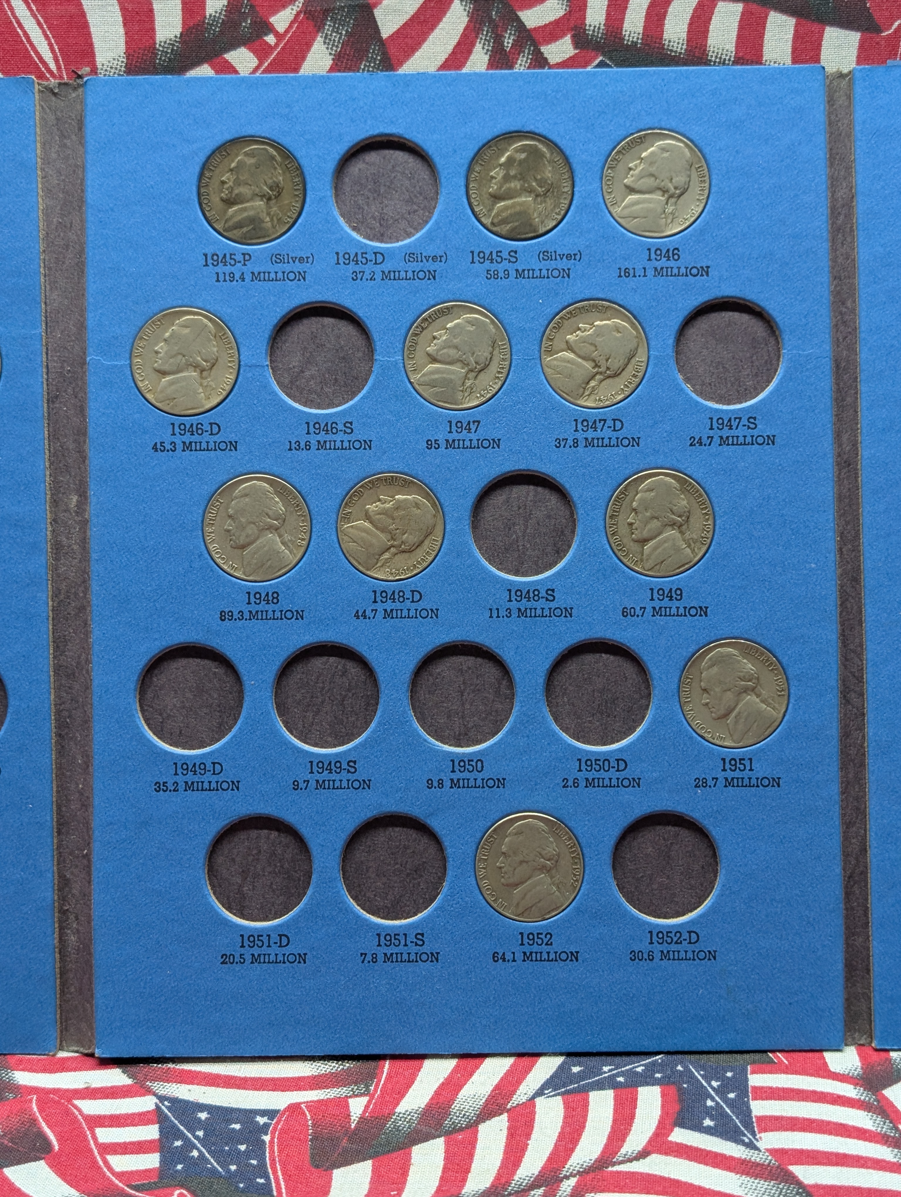 Partial Jefferson Nickel Collection 1938-1961 Book - Includes 7 War Time Nickels - 40 Coins Total