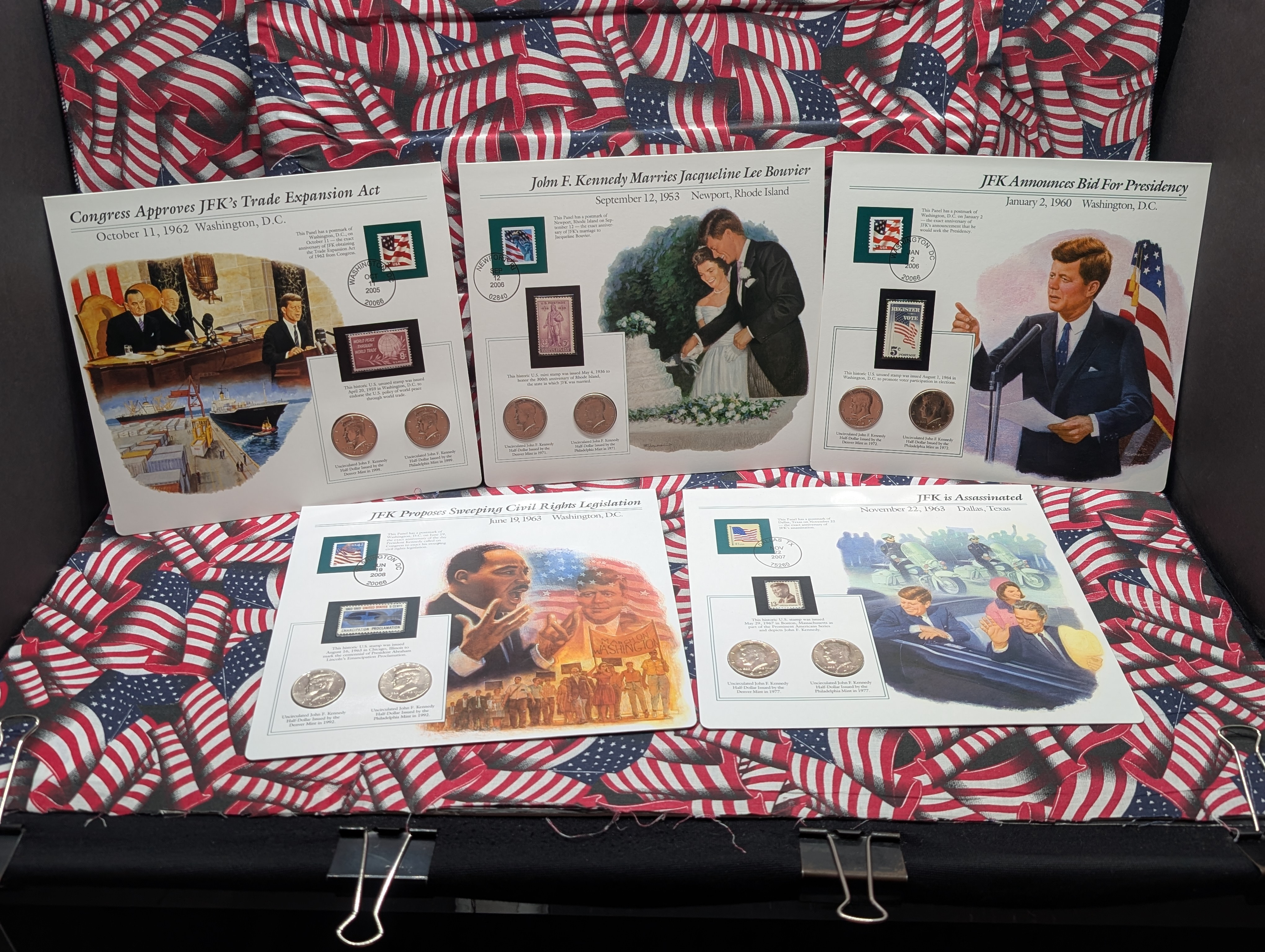 (5) P&D Kennedy Half Dollars in Info Sheets - 1971, 1972, 1977, 1992 & 1999 All P&D