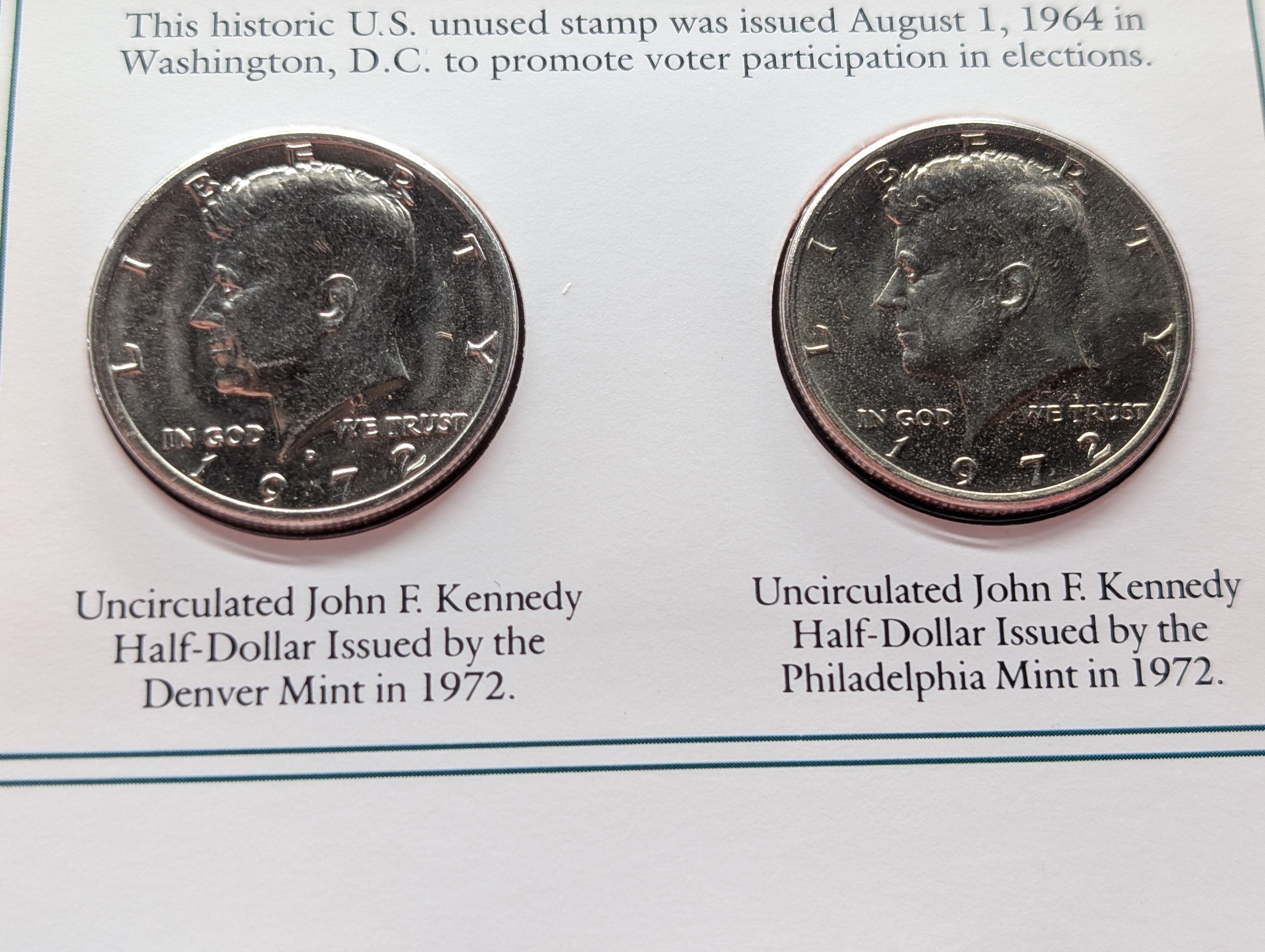 (5) P&D Kennedy Half Dollars in Info Sheets - 1971, 1972, 1977, 1992 & 1999 All P&D
