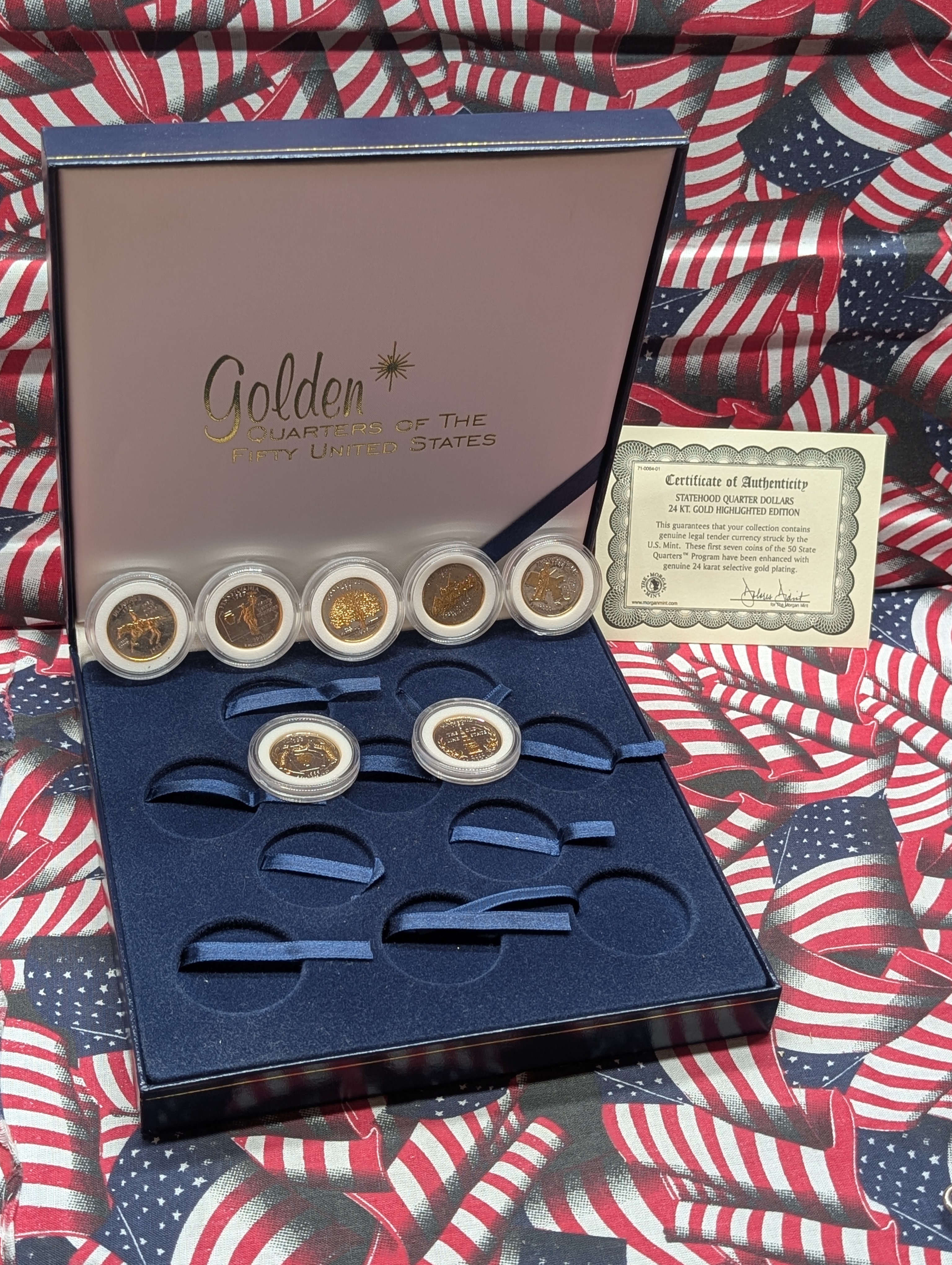 1999 & 2000-P&D 24kt Gold Plated Statehood Quarters - 7 Coins, with Box & COA