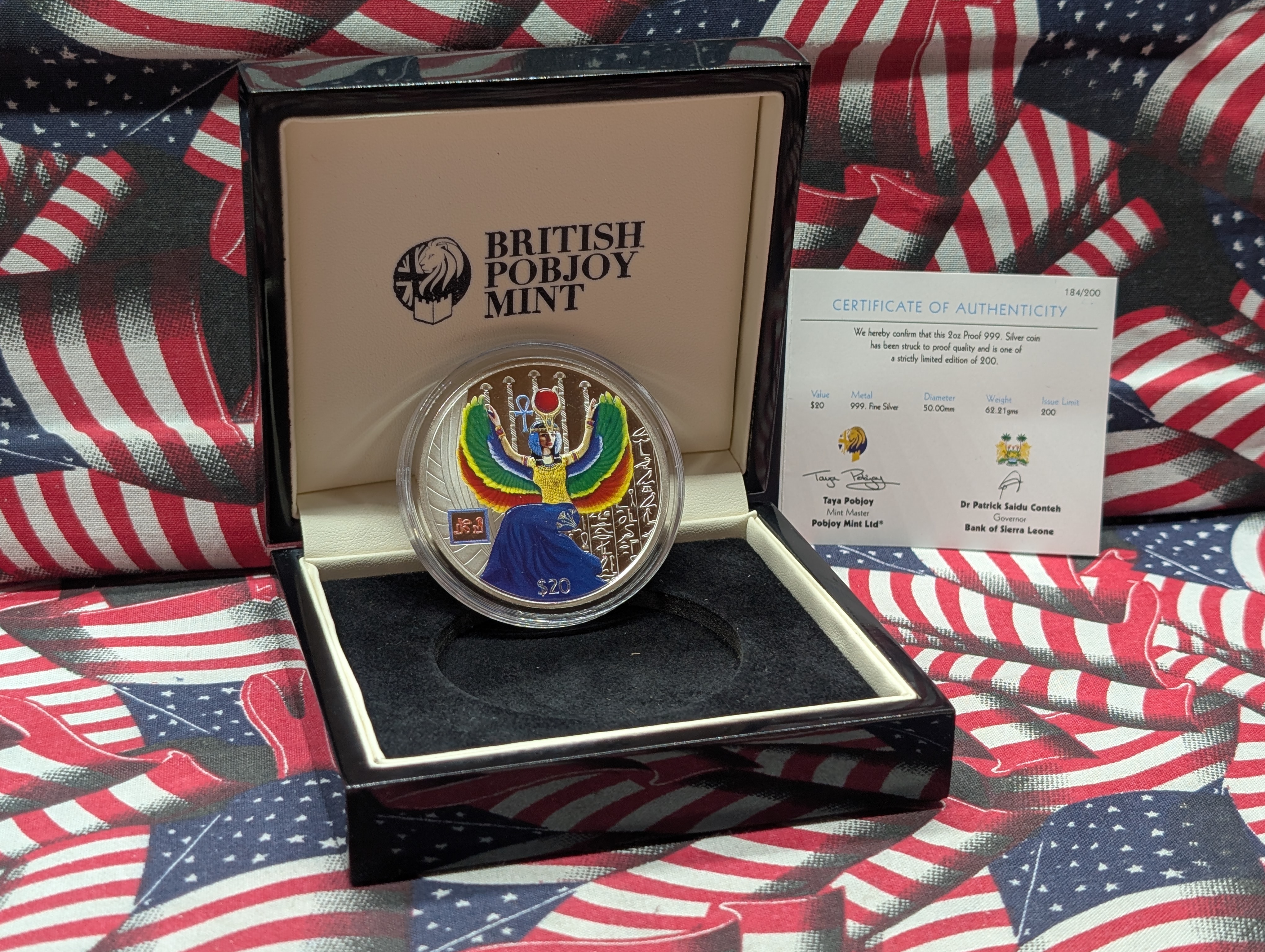 2023 Republic of Sierra Lione Isis Egyptian God 2 Oz. Colorized Novelty Round - #184/200 Minted - .999 Fine Silver, with Box & COA