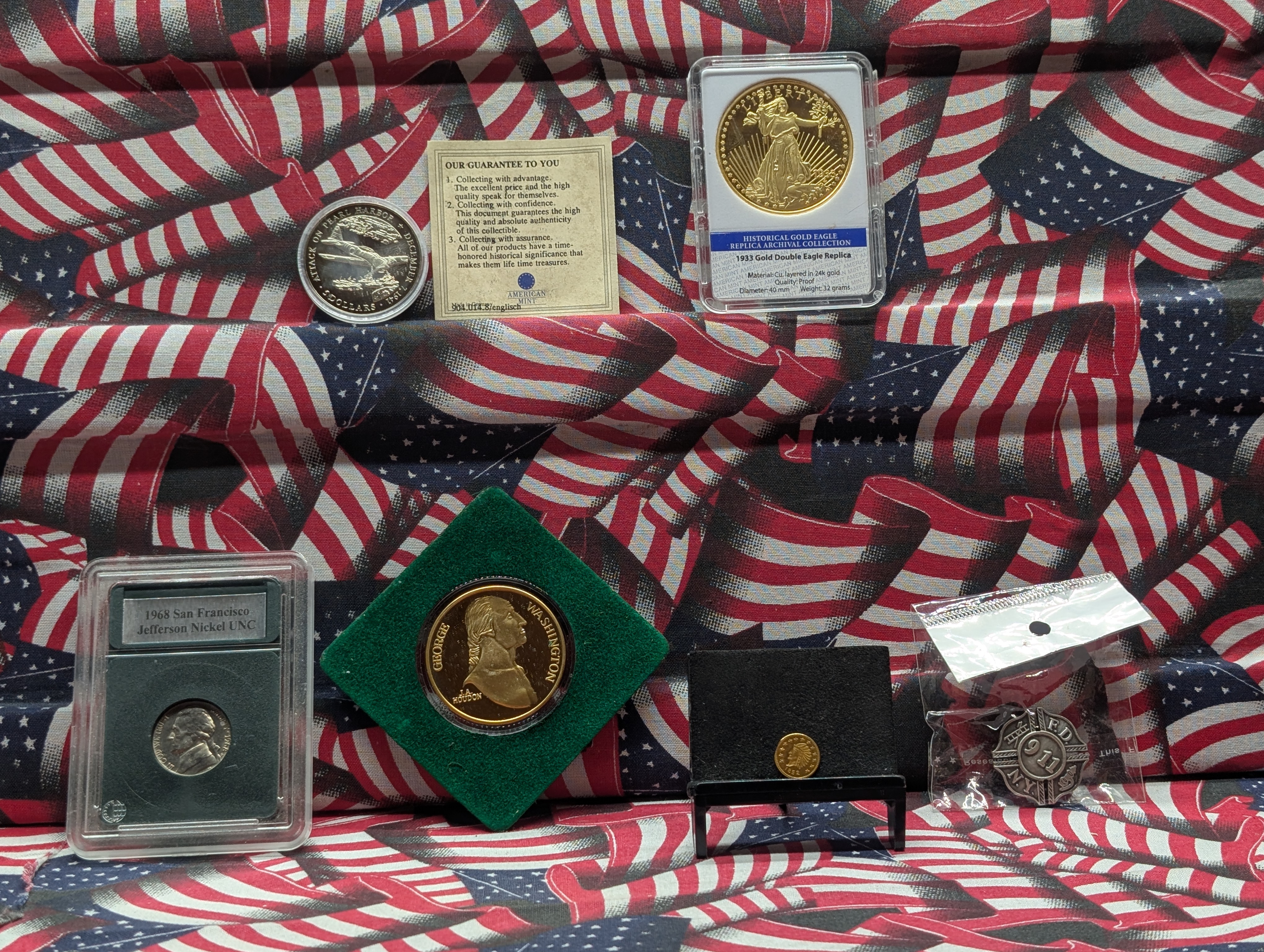 (6) Assorted Collectible Currency Items - Including 1933 Gold Double Eagle Replica, Solid Bronze Coin, 911 Pin, & 1852 California Gold Token