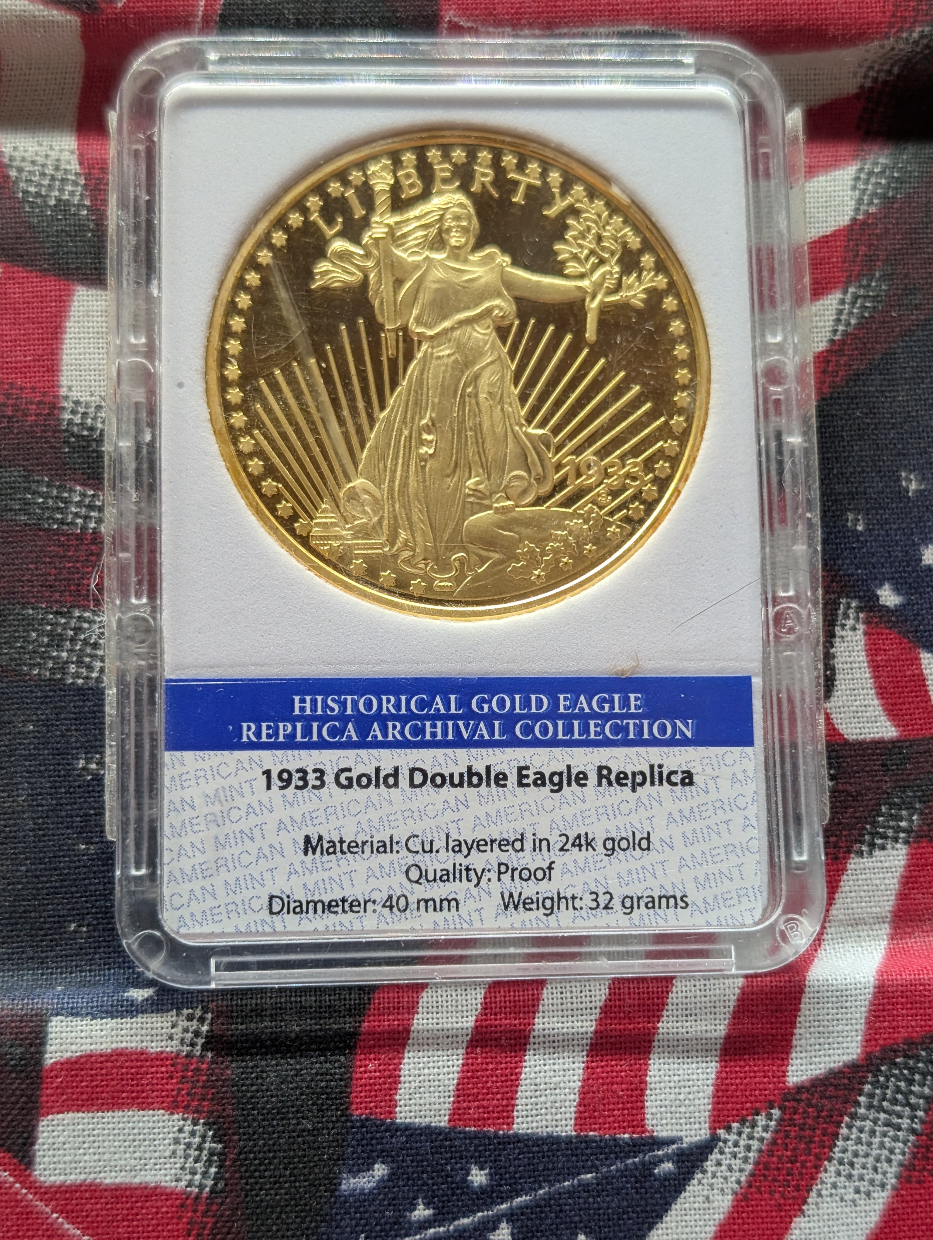 (6) Assorted Collectible Currency Items - Including 1933 Gold Double Eagle Replica, Solid Bronze Coin, 911 Pin, & 1852 California Gold Token