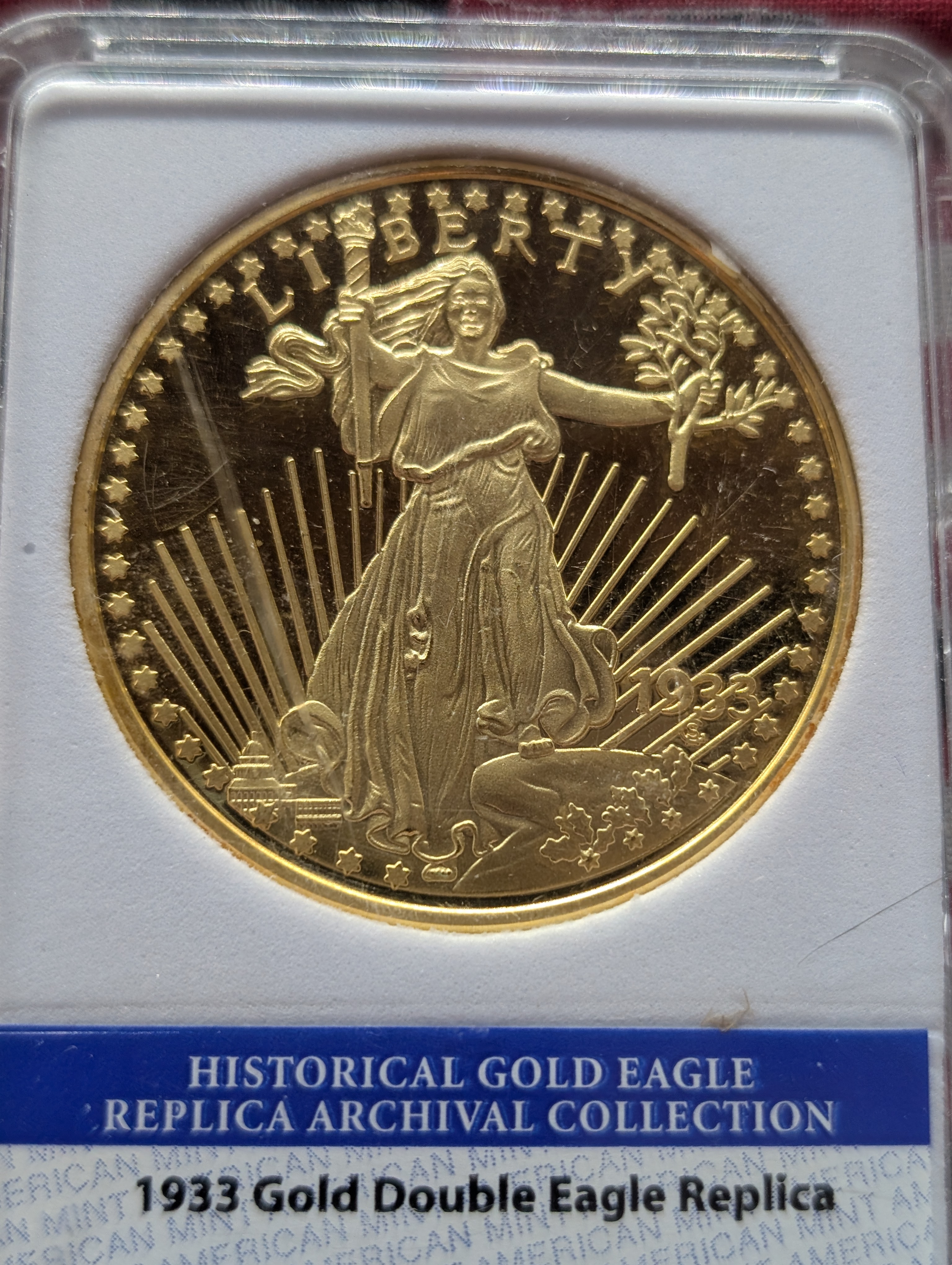 (6) Assorted Collectible Currency Items - Including 1933 Gold Double Eagle Replica, Solid Bronze Coin, 911 Pin, & 1852 California Gold Token